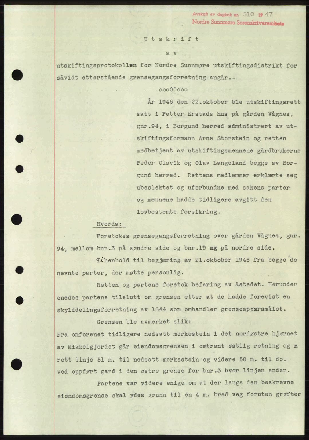 Nordre Sunnmøre sorenskriveri, AV/SAT-A-0006/1/2/2C/2Ca: Mortgage book no. A24, 1947-1947, Diary no: : 310/1947