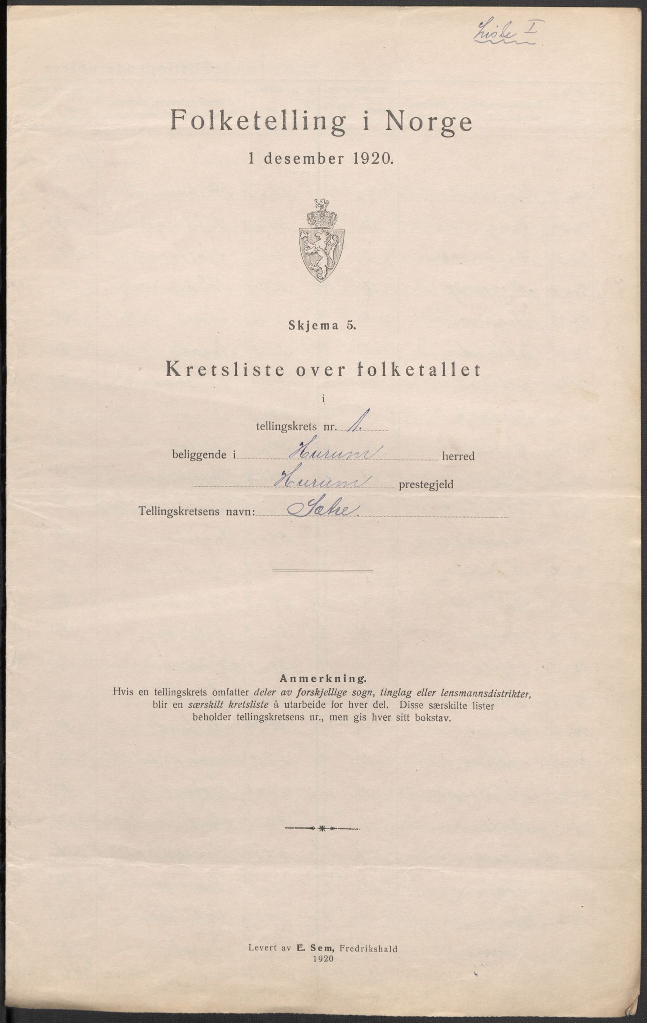 SAKO, 1920 census for Hurum, 1920, p. 5