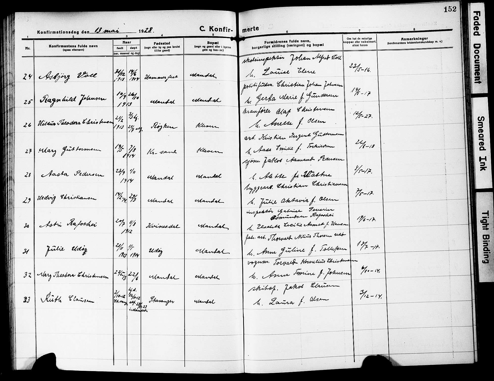 Mandal sokneprestkontor, SAK/1111-0030/F/Fb/Fbc/L0001: Parish register (copy) no. B 1, 1918-1931, p. 152
