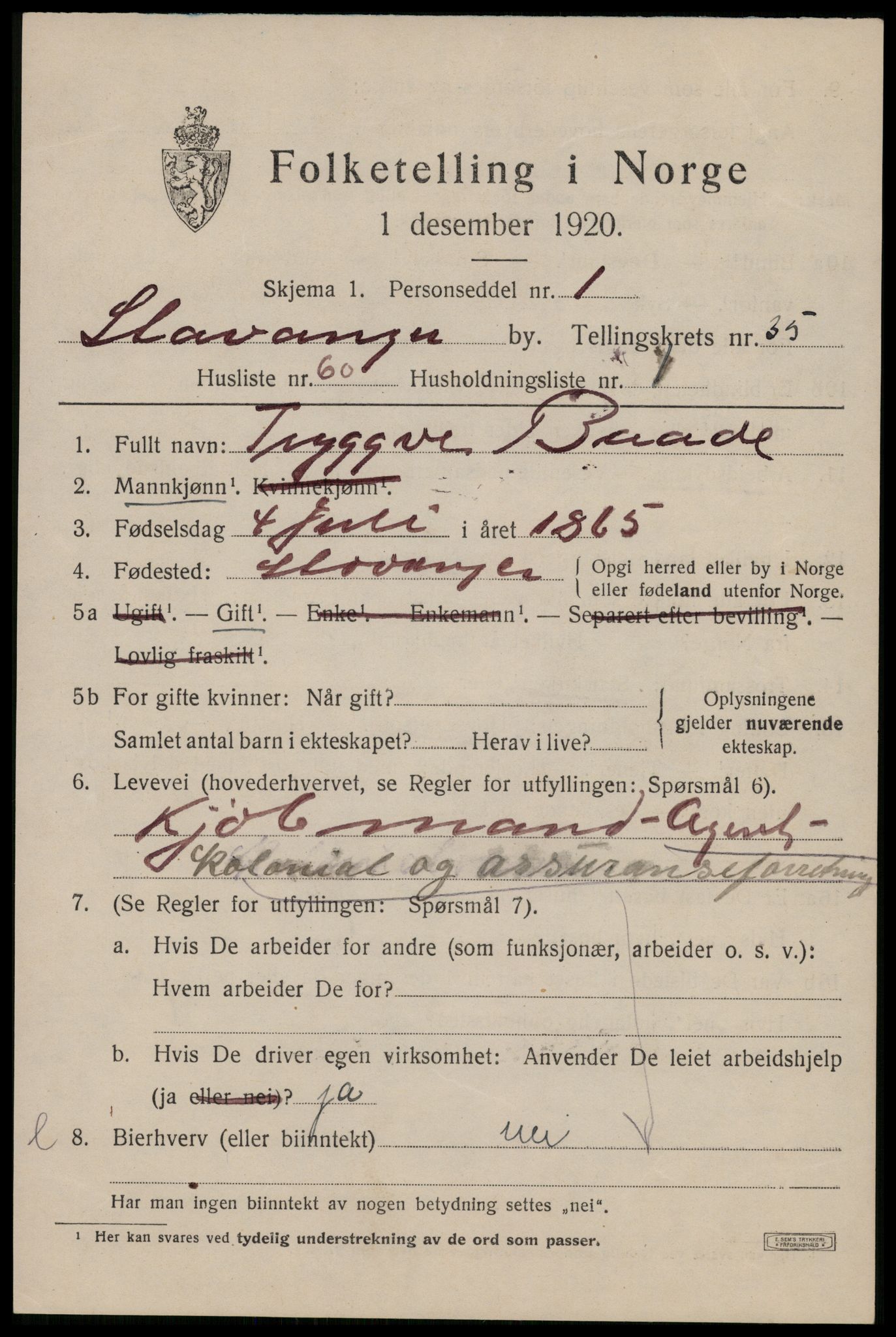 SAST, 1920 census for Stavanger, 1920, p. 94734