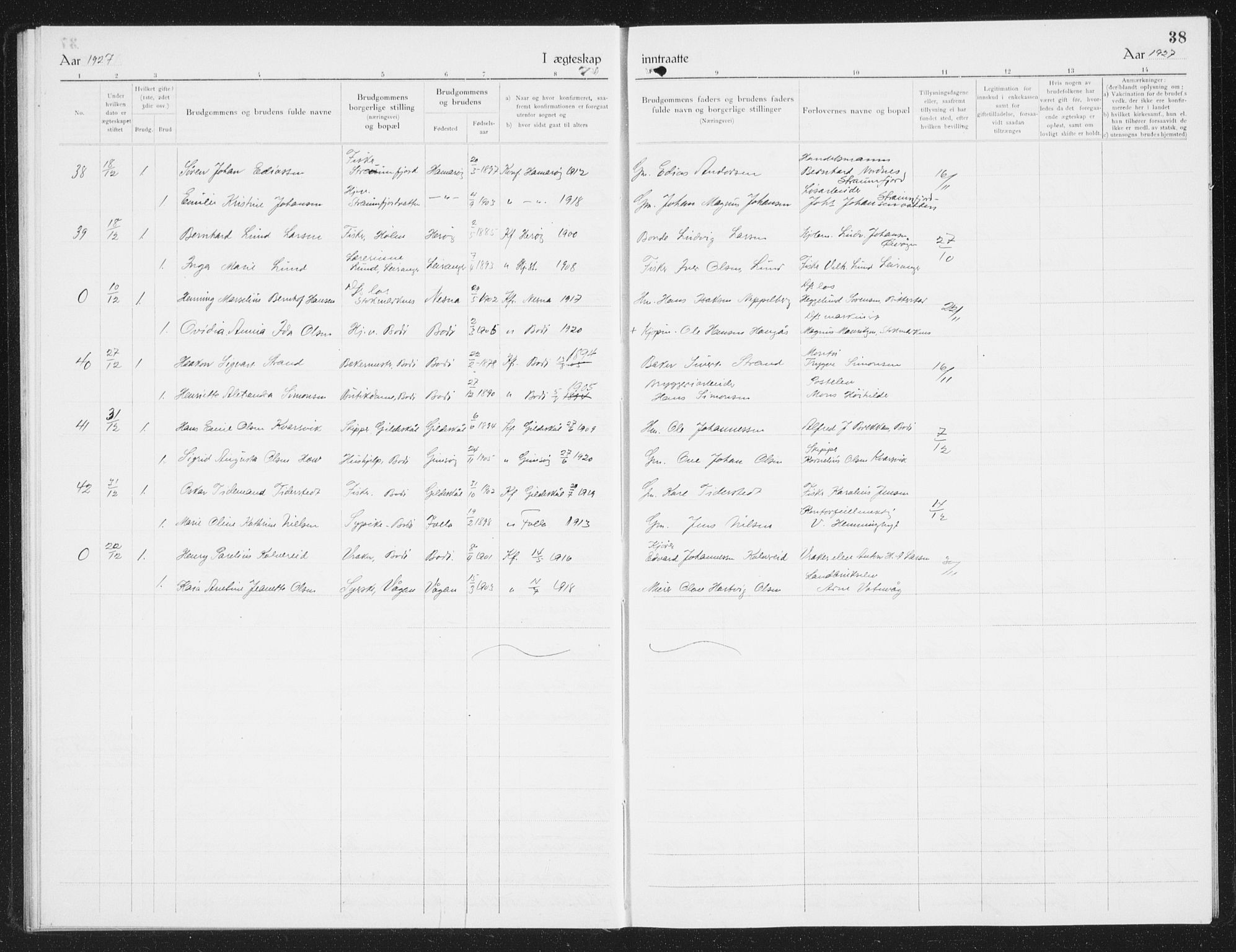 Ministerialprotokoller, klokkerbøker og fødselsregistre - Nordland, SAT/A-1459/801/L0036: Parish register (copy) no. 801C11, 1920-1934, p. 38