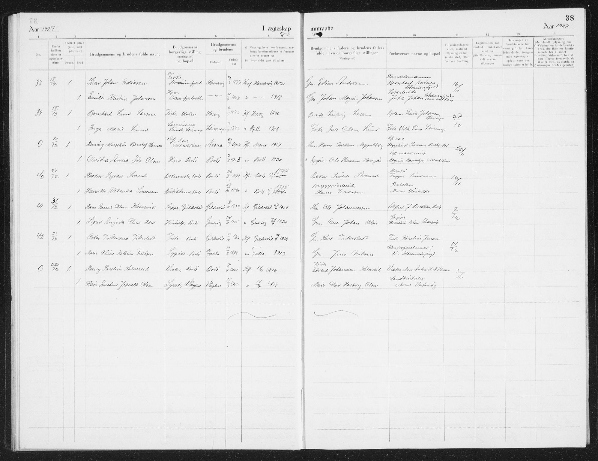 Ministerialprotokoller, klokkerbøker og fødselsregistre - Nordland, AV/SAT-A-1459/801/L0036: Parish register (copy) no. 801C11, 1920-1934, p. 38