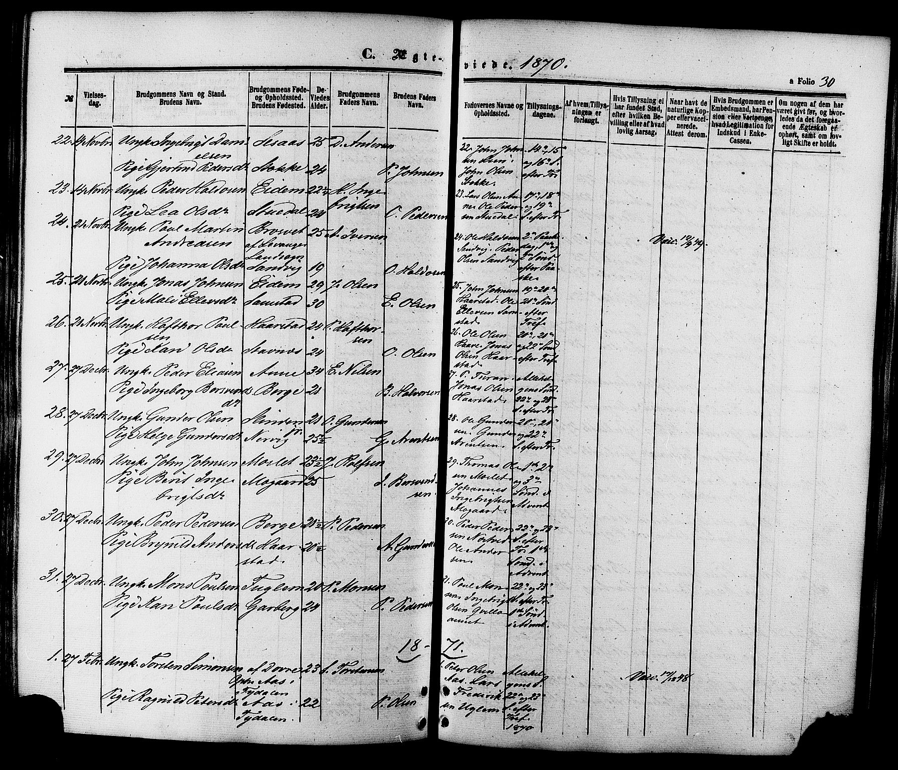 Ministerialprotokoller, klokkerbøker og fødselsregistre - Sør-Trøndelag, SAT/A-1456/695/L1147: Parish register (official) no. 695A07, 1860-1877, p. 30