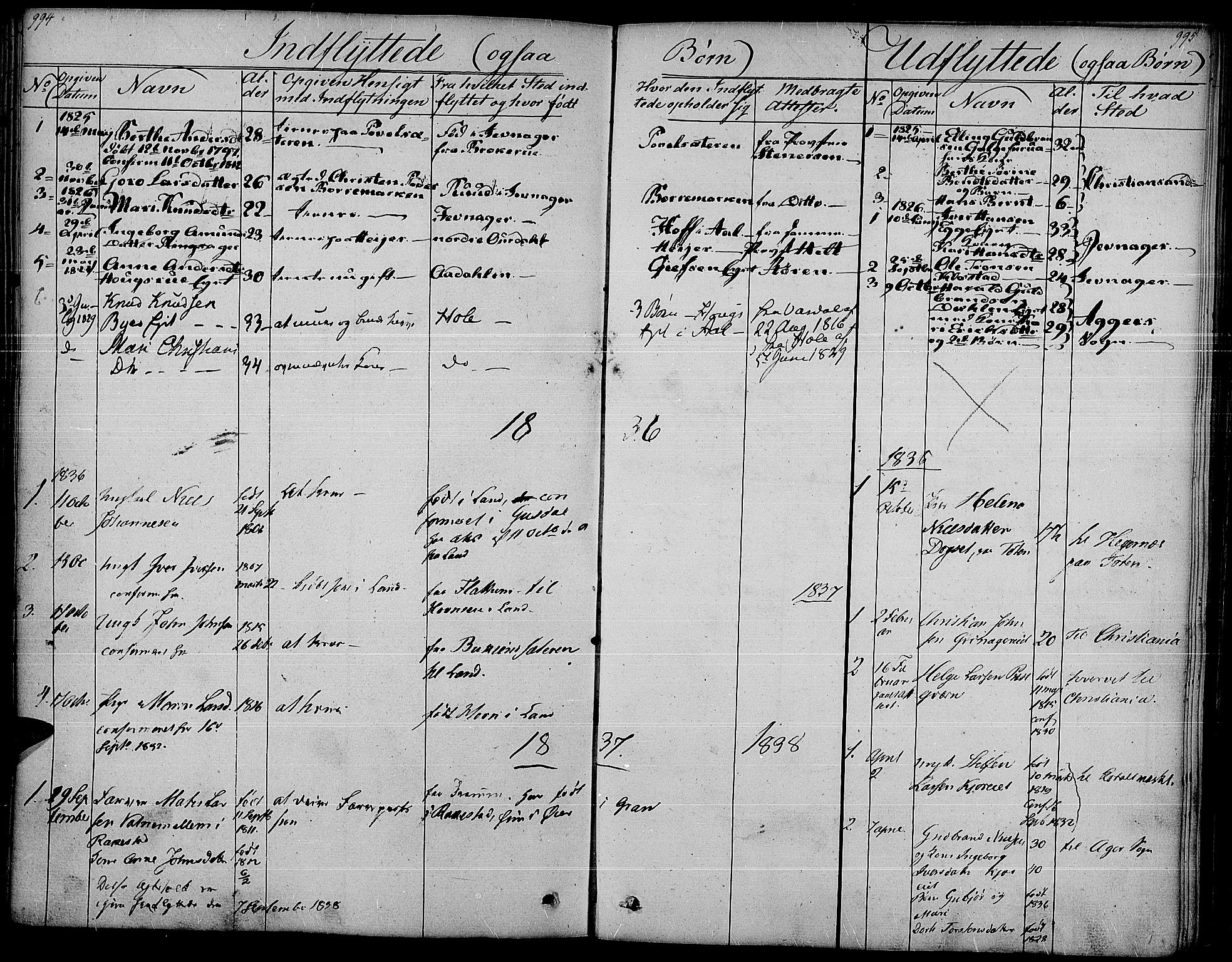 Gran prestekontor, SAH/PREST-112/H/Ha/Haa/L0010: Parish register (official) no. 10, 1824-1842, p. 994-995