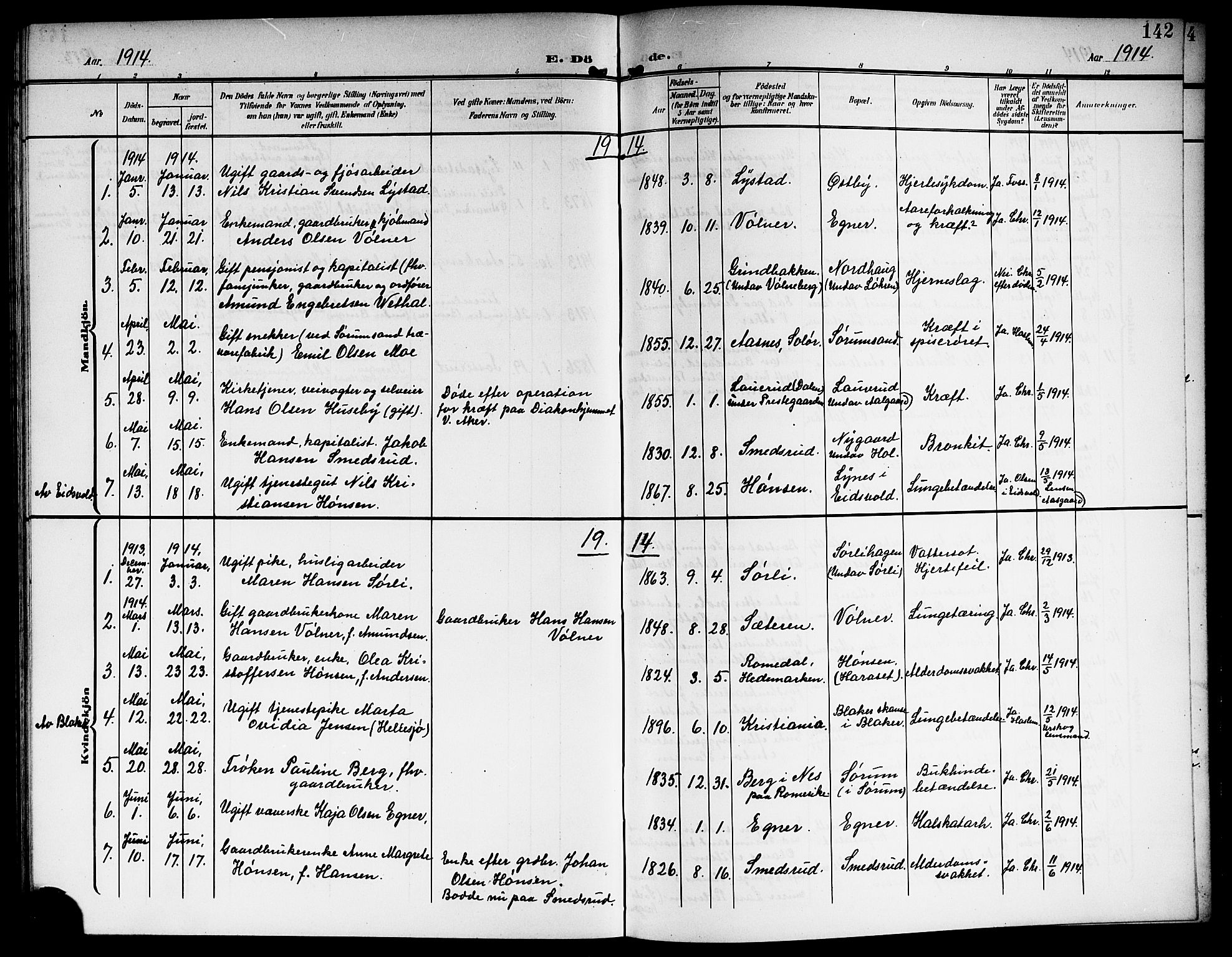 Sørum prestekontor Kirkebøker, SAO/A-10303/G/Ga/L0007: Parish register (copy) no. I 7, 1907-1917, p. 142