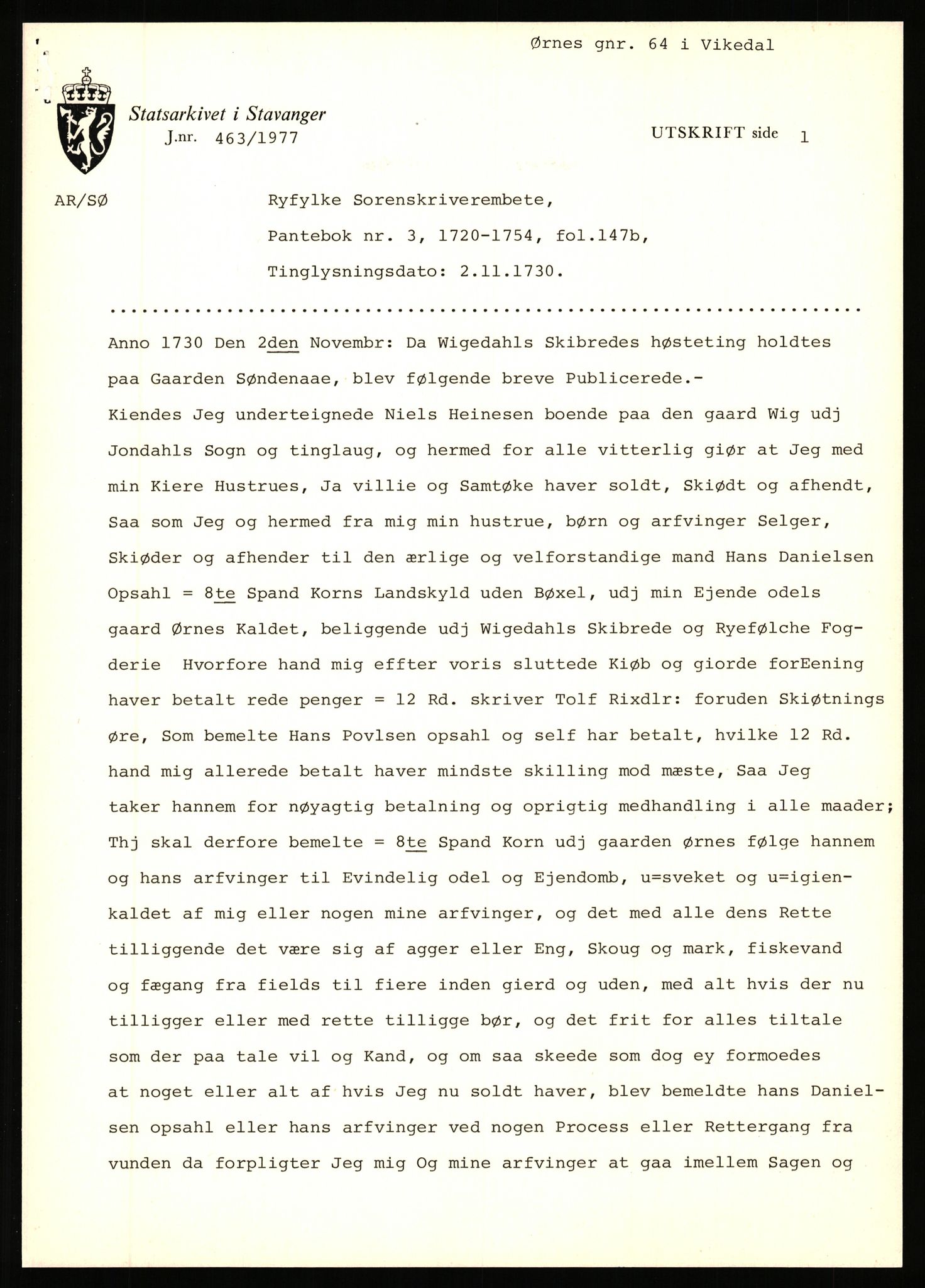 Statsarkivet i Stavanger, AV/SAST-A-101971/03/Y/Yj/L0098: Avskrifter sortert etter gårdsnavn: Øigrei - Østeinstad, 1750-1930, p. 281