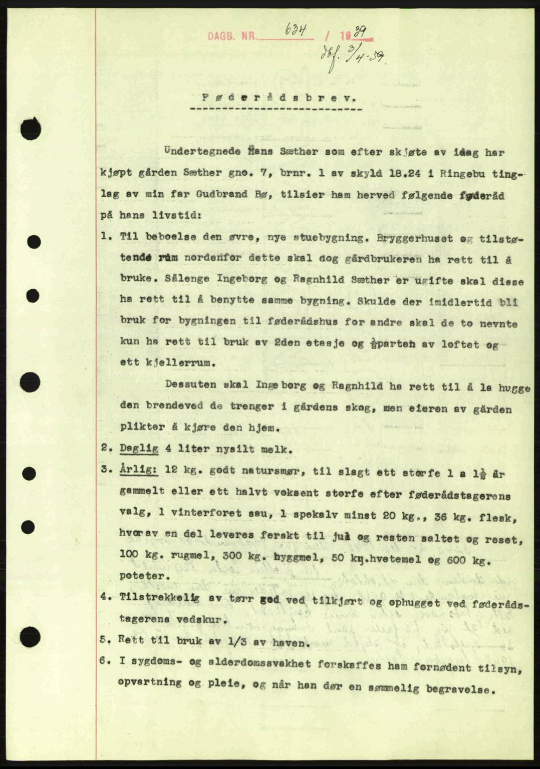 Sør-Gudbrandsdal tingrett, SAH/TING-004/H/Hb/Hbe/L0001: Mortgage book no. B1, 1936-1939, Diary no: : 634/1939