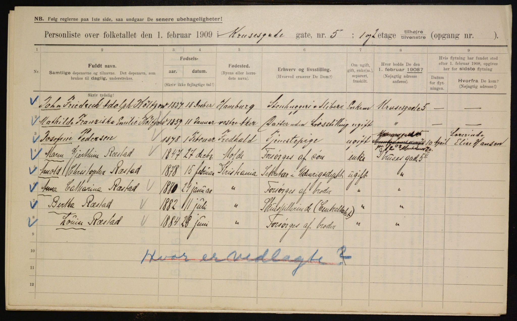 OBA, Municipal Census 1909 for Kristiania, 1909, p. 50415