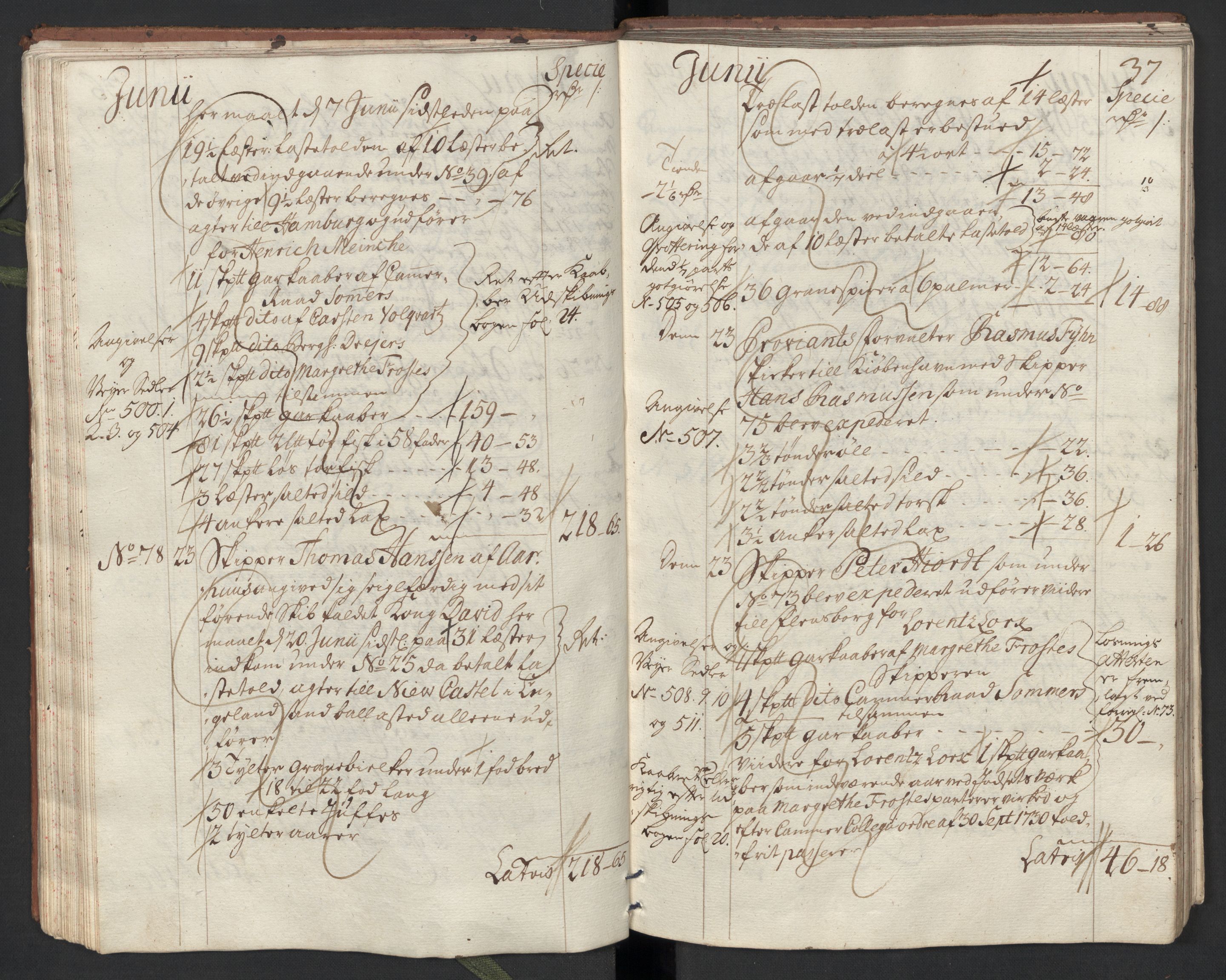 Generaltollkammeret, tollregnskaper, RA/EA-5490/R33/L0013/0002: Tollregnskaper Trondheim A / Utgående tollbok, 1731, p. 36b-37a