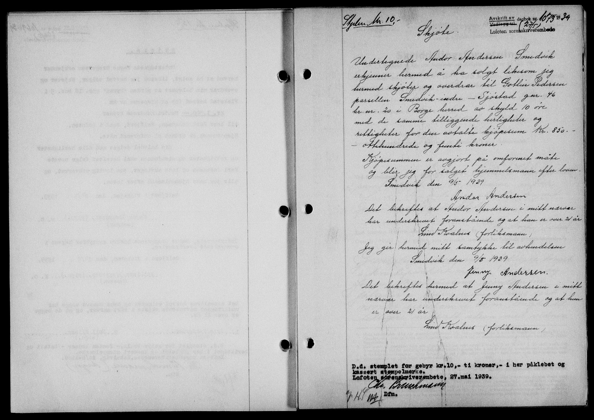 Lofoten sorenskriveri, SAT/A-0017/1/2/2C/L0005a: Mortgage book no. 5a, 1939-1939, Diary no: : 1073/1939