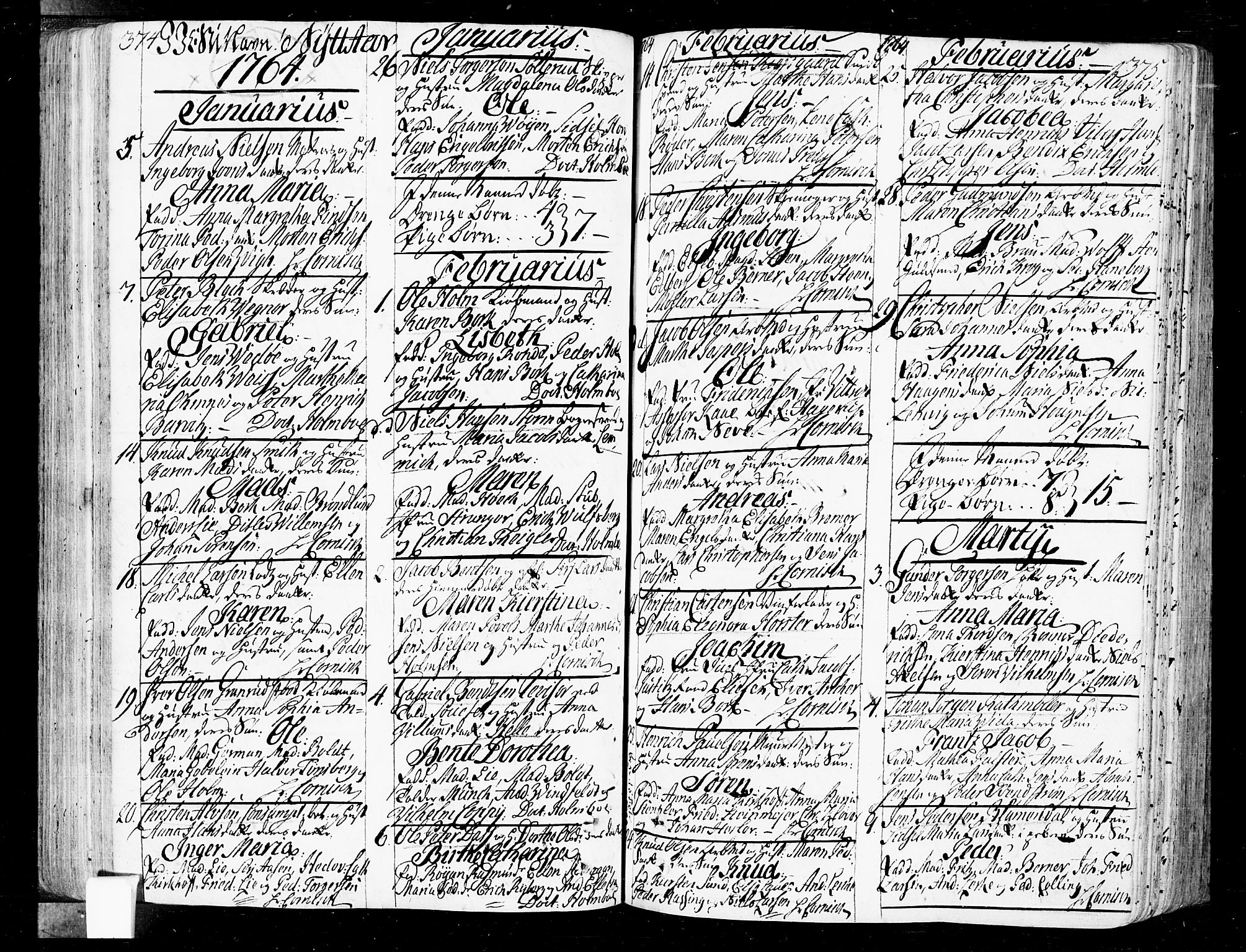 Oslo domkirke Kirkebøker, SAO/A-10752/F/Fa/L0004: Parish register (official) no. 4, 1743-1786, p. 374-375