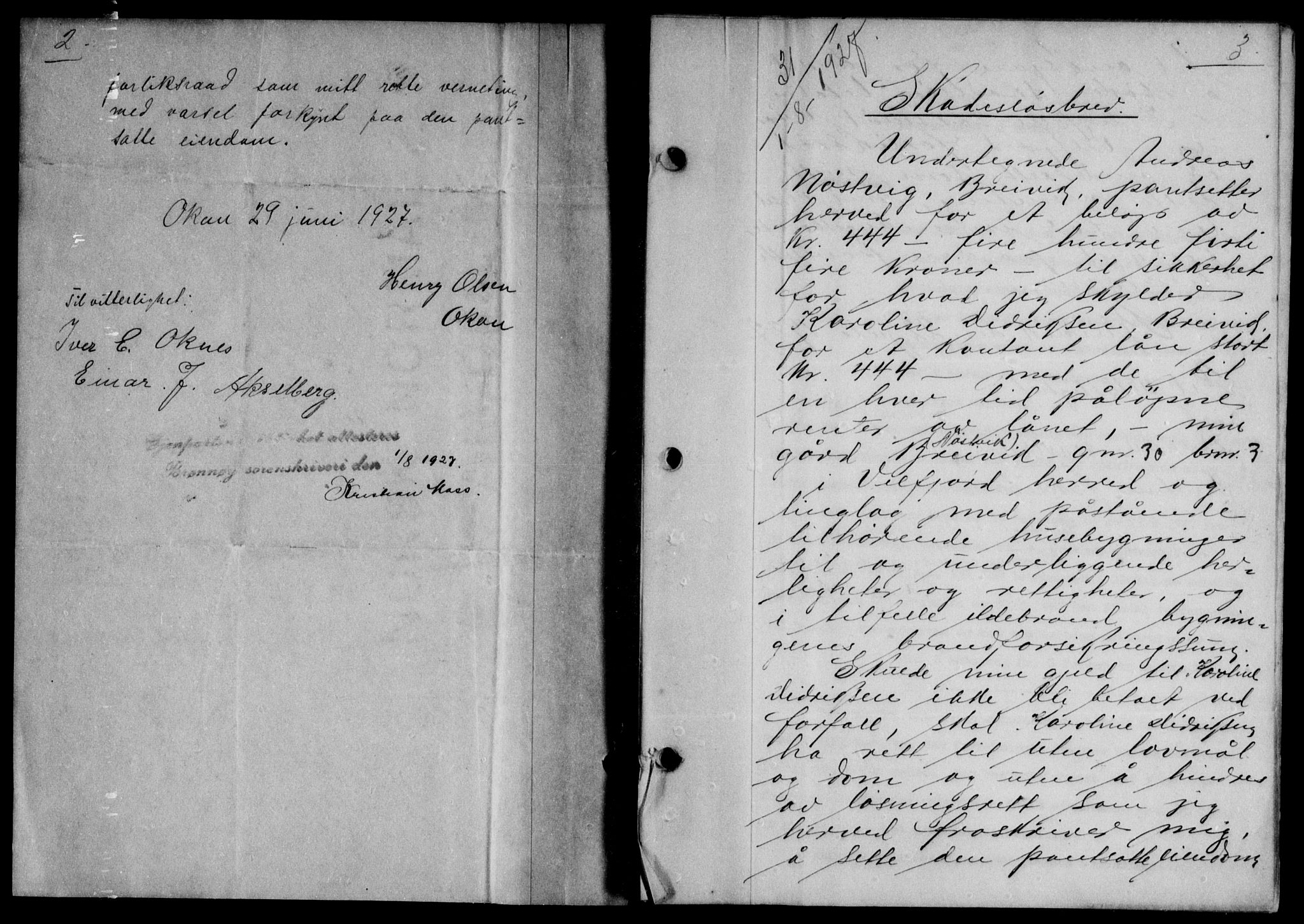 Brønnøy sorenskriveri, SAT/A-4170/1/2/2C/L0006: Mortgage book no. 6, 1927-1928, p. 2-3, Deed date: 01.08.1927