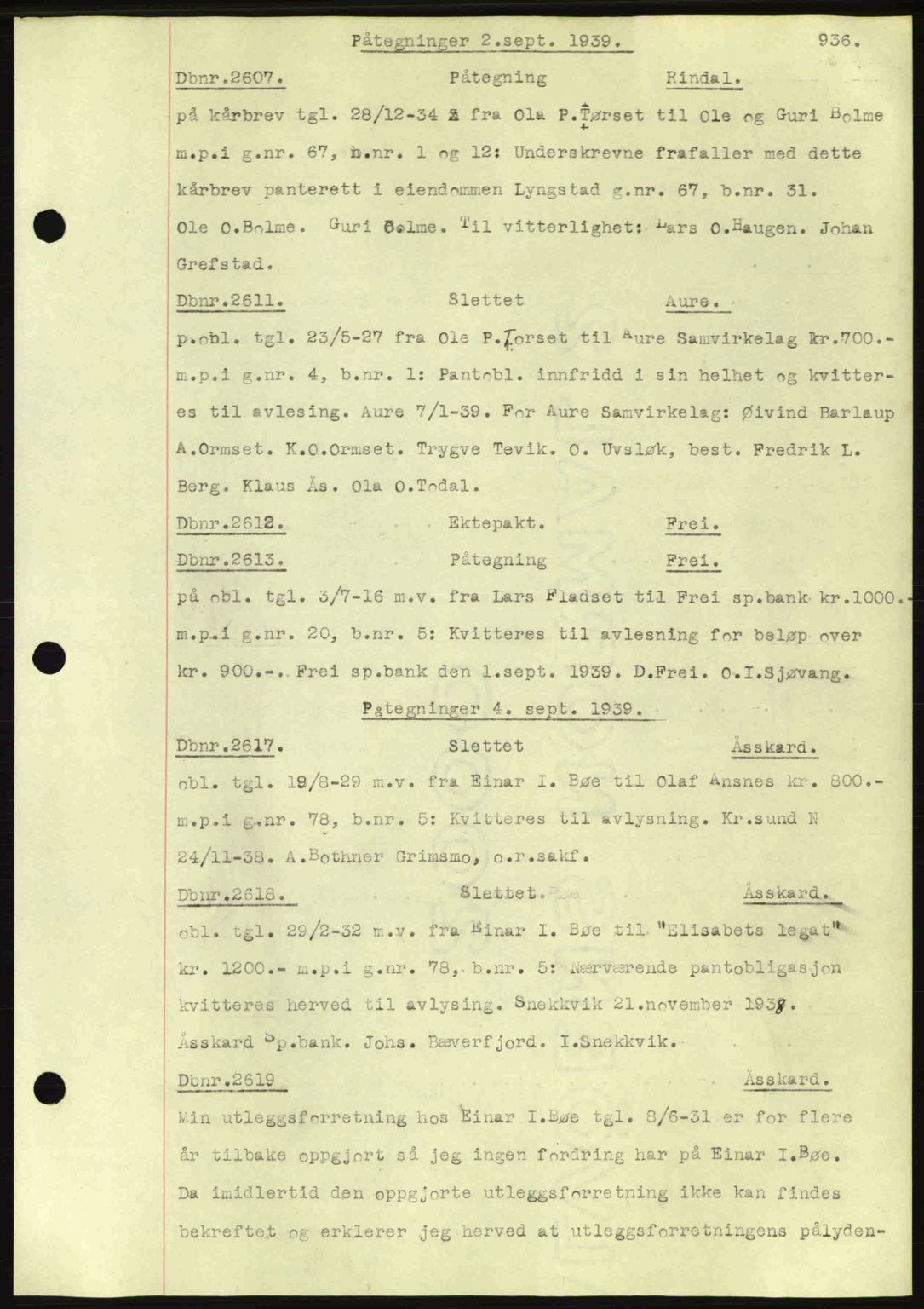 Nordmøre sorenskriveri, AV/SAT-A-4132/1/2/2Ca: Mortgage book no. C80, 1936-1939, Diary no: : 2607/1939