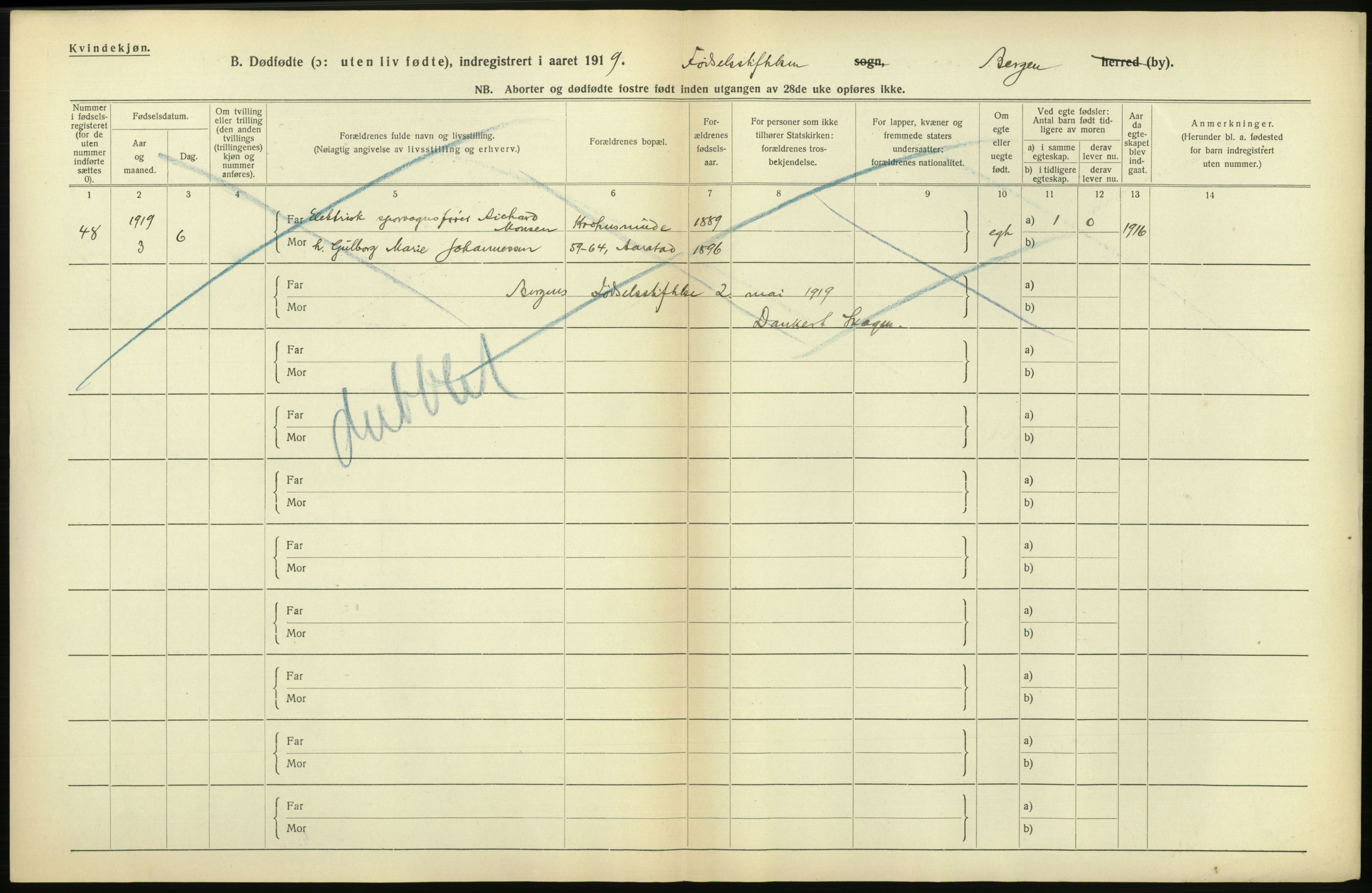 Statistisk sentralbyrå, Sosiodemografiske emner, Befolkning, AV/RA-S-2228/D/Df/Dfb/Dfbi/L0035: Bergen: Gifte, døde, dødfødte., 1919, p. 722