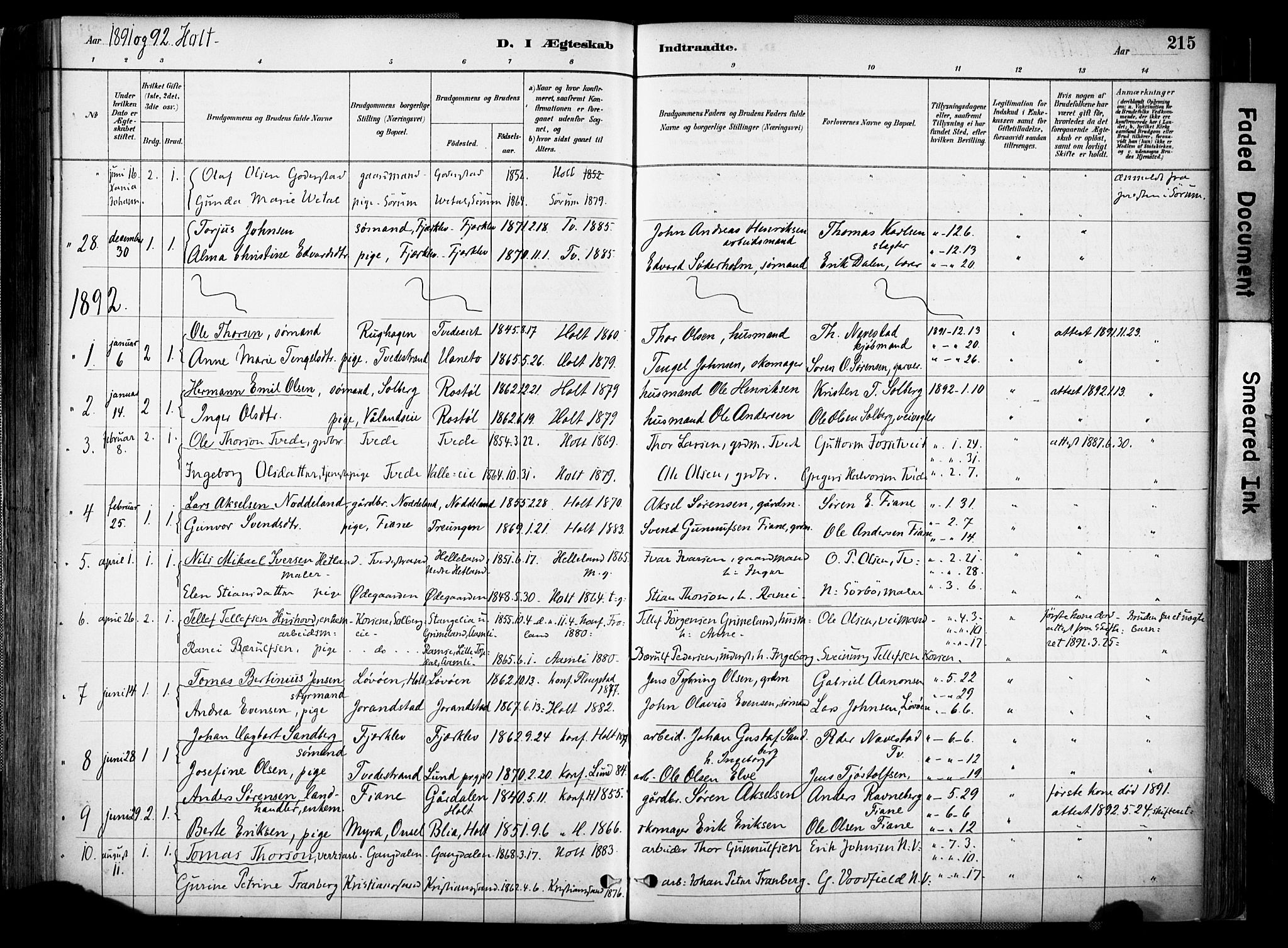 Holt sokneprestkontor, SAK/1111-0021/F/Fa/L0012: Parish register (official) no. A 12, 1885-1907, p. 215