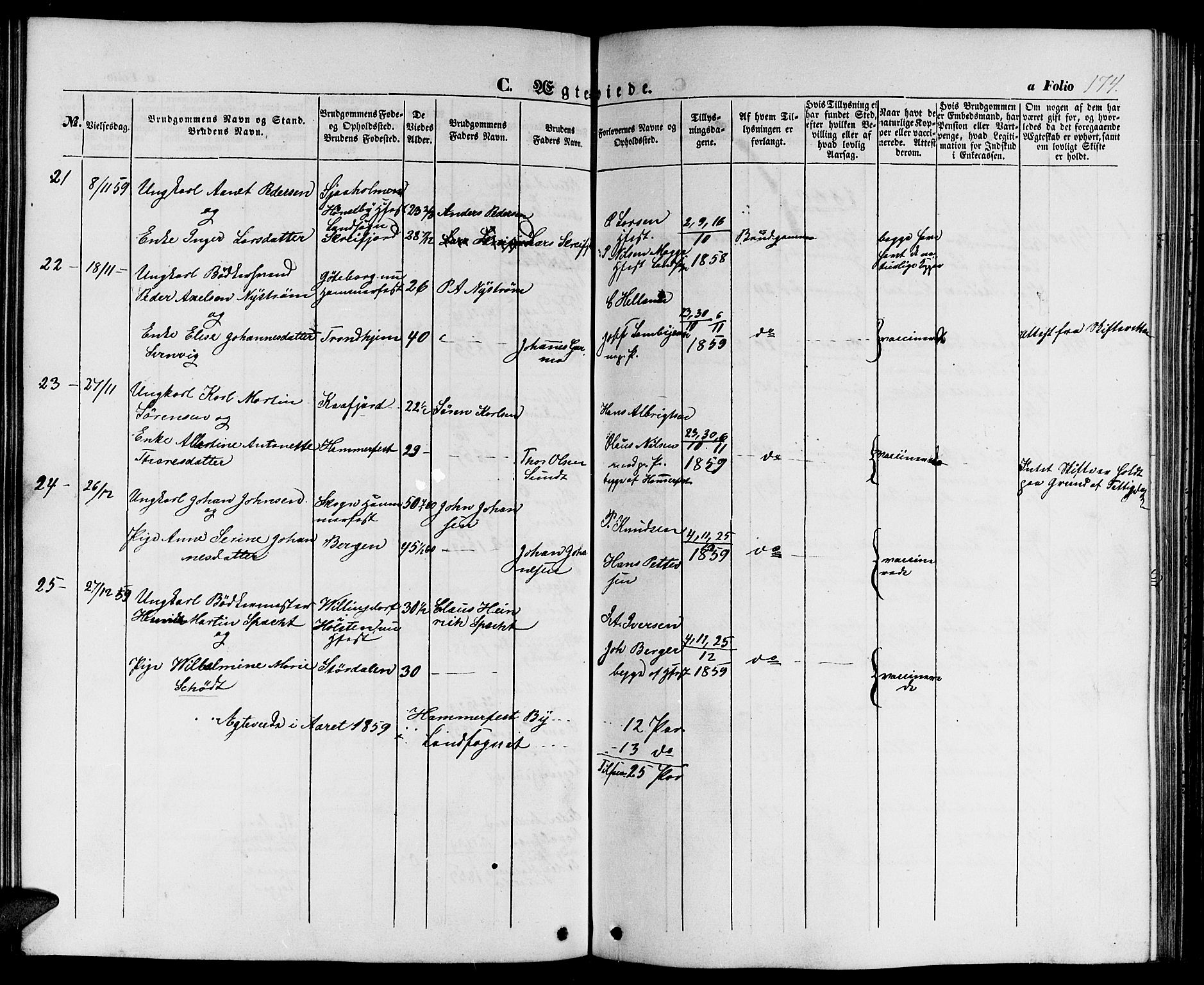 Hammerfest sokneprestkontor, AV/SATØ-S-1347/H/Hb/L0002.klokk: Parish register (copy) no. 2, 1851-1861, p. 174