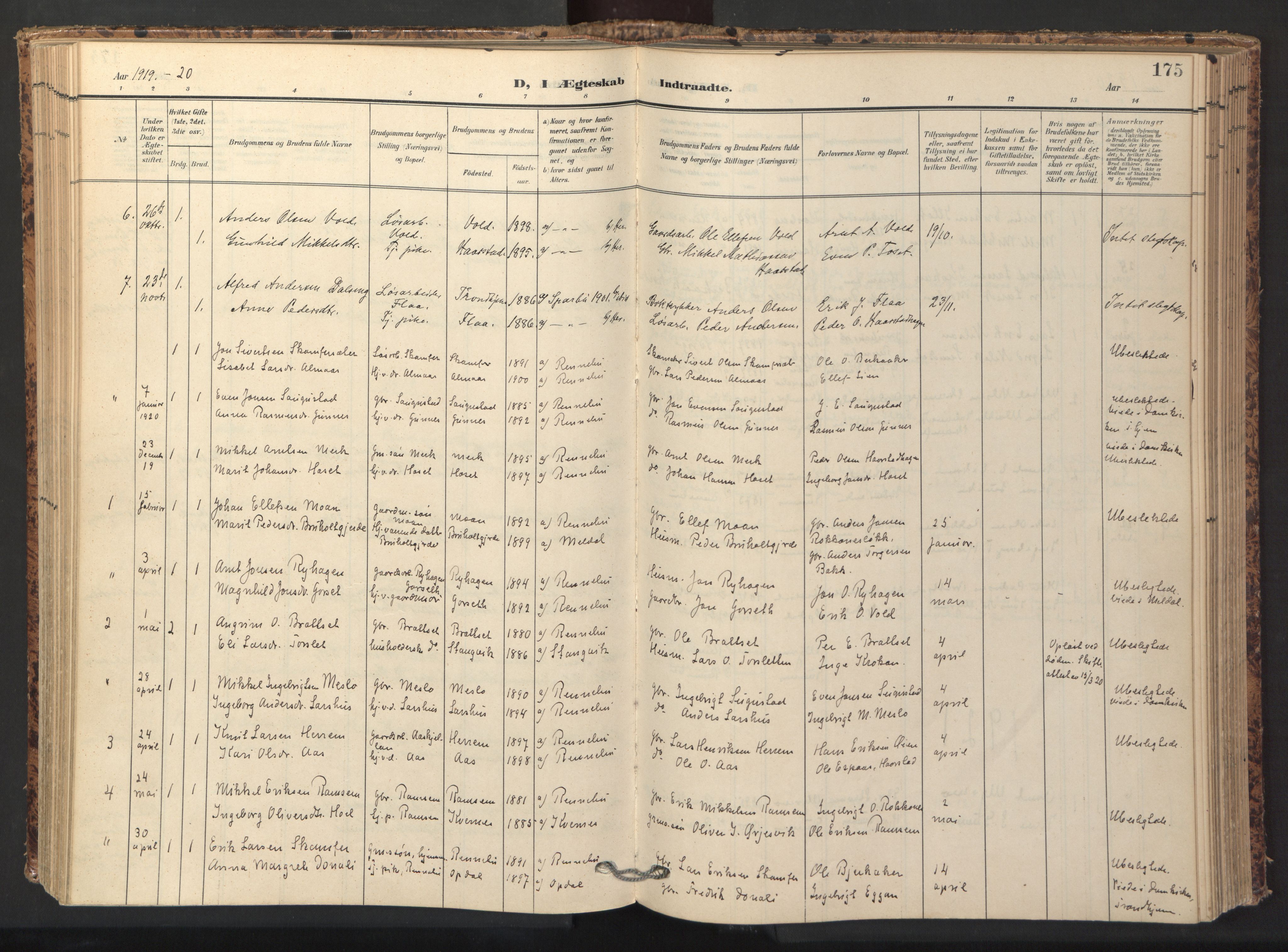 Ministerialprotokoller, klokkerbøker og fødselsregistre - Sør-Trøndelag, SAT/A-1456/674/L0873: Parish register (official) no. 674A05, 1908-1923, p. 175