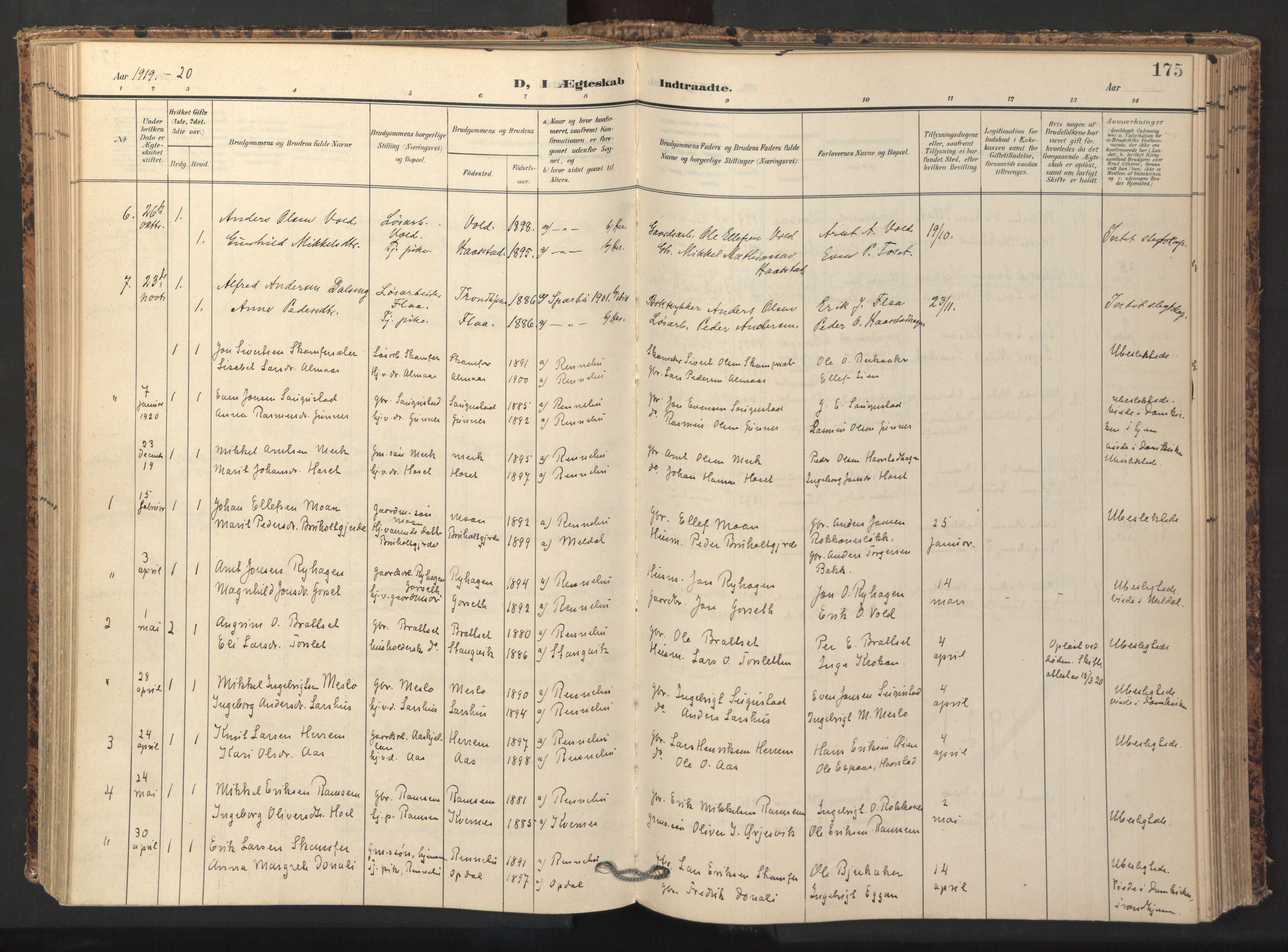 Ministerialprotokoller, klokkerbøker og fødselsregistre - Sør-Trøndelag, AV/SAT-A-1456/674/L0873: Parish register (official) no. 674A05, 1908-1923, p. 175