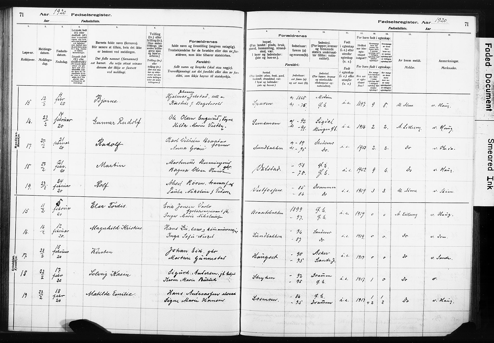 Eiker kirkebøker, AV/SAKO-A-4/J/Ja/L0001: Birth register no. I 1, 1916-1927, p. 71