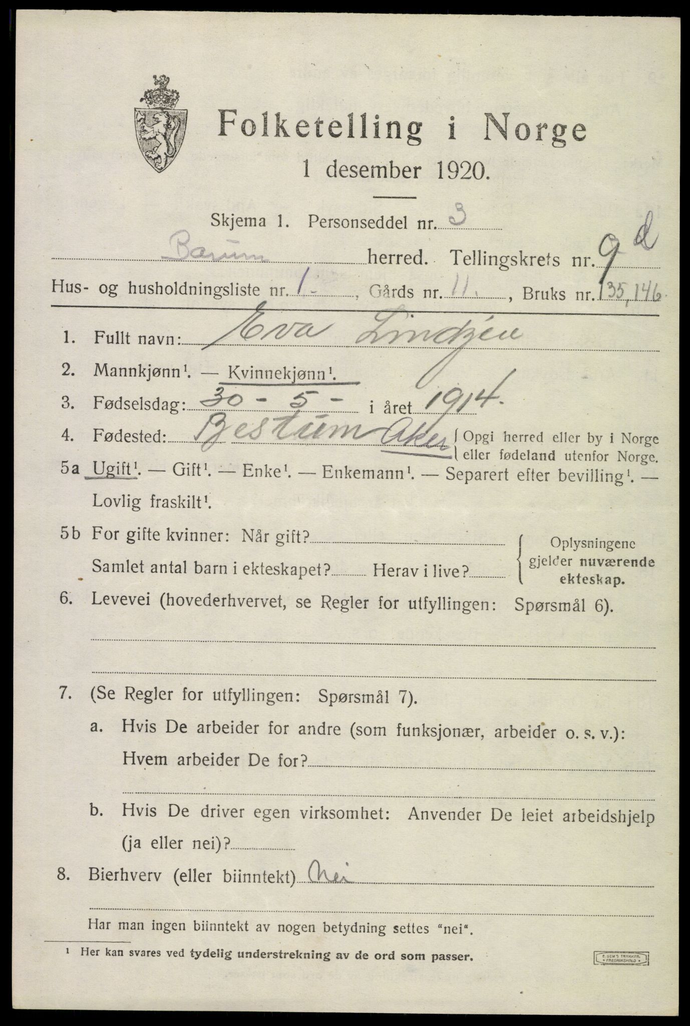 SAO, 1920 census for Bærum, 1920, p. 22852