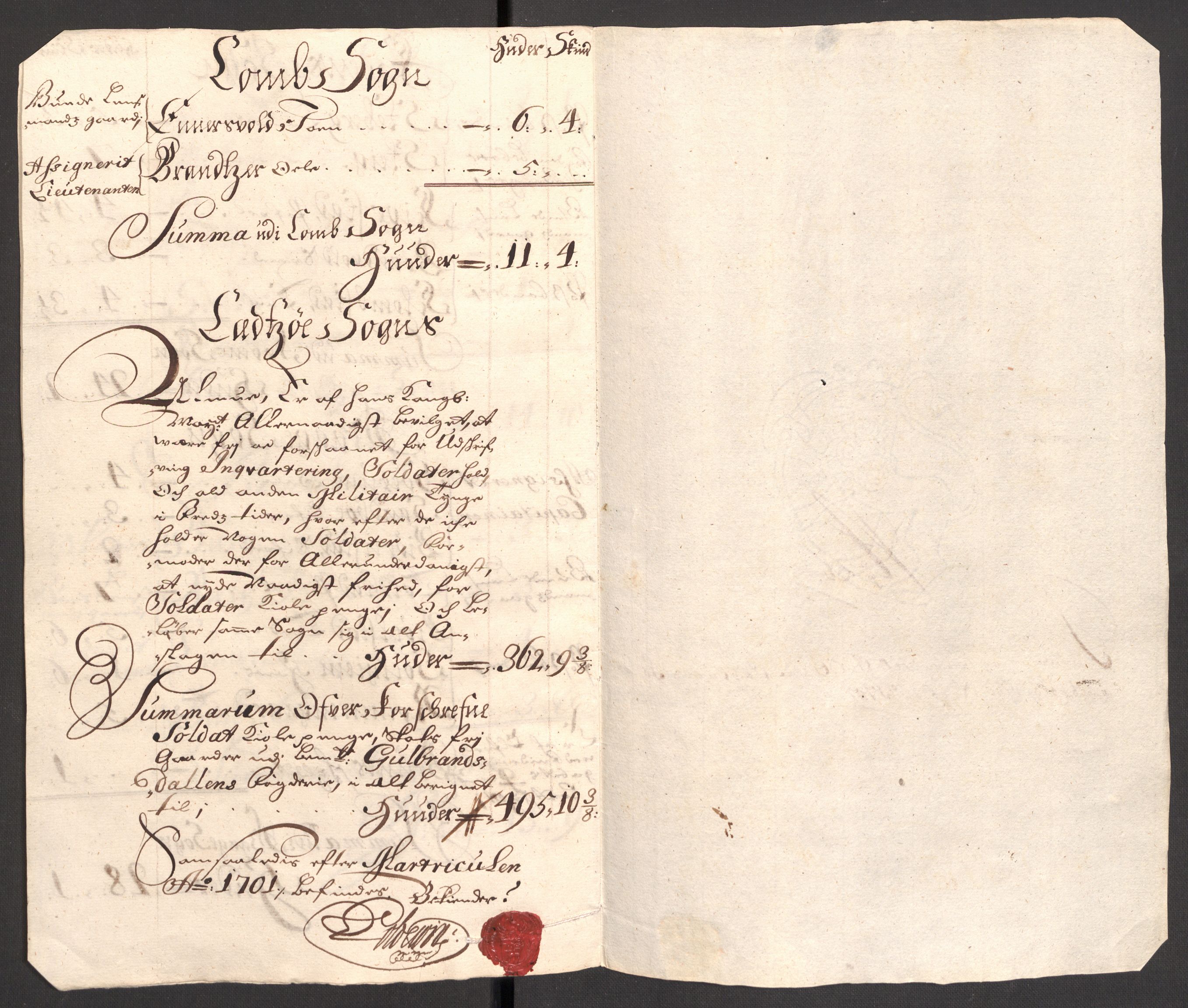 Rentekammeret inntil 1814, Reviderte regnskaper, Fogderegnskap, AV/RA-EA-4092/R17/L1174: Fogderegnskap Gudbrandsdal, 1701, p. 201