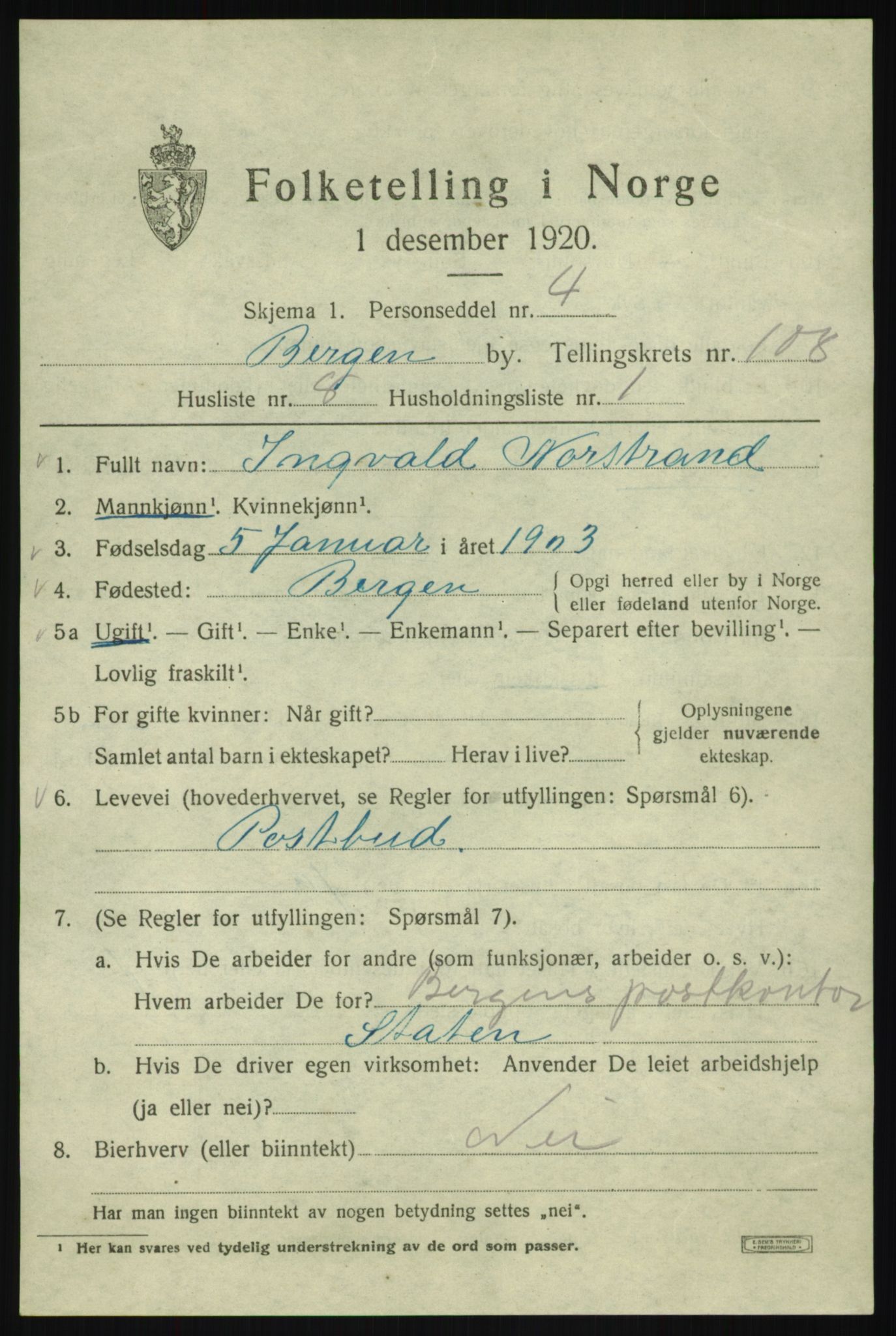 SAB, 1920 census for Bergen, 1920, p. 187769