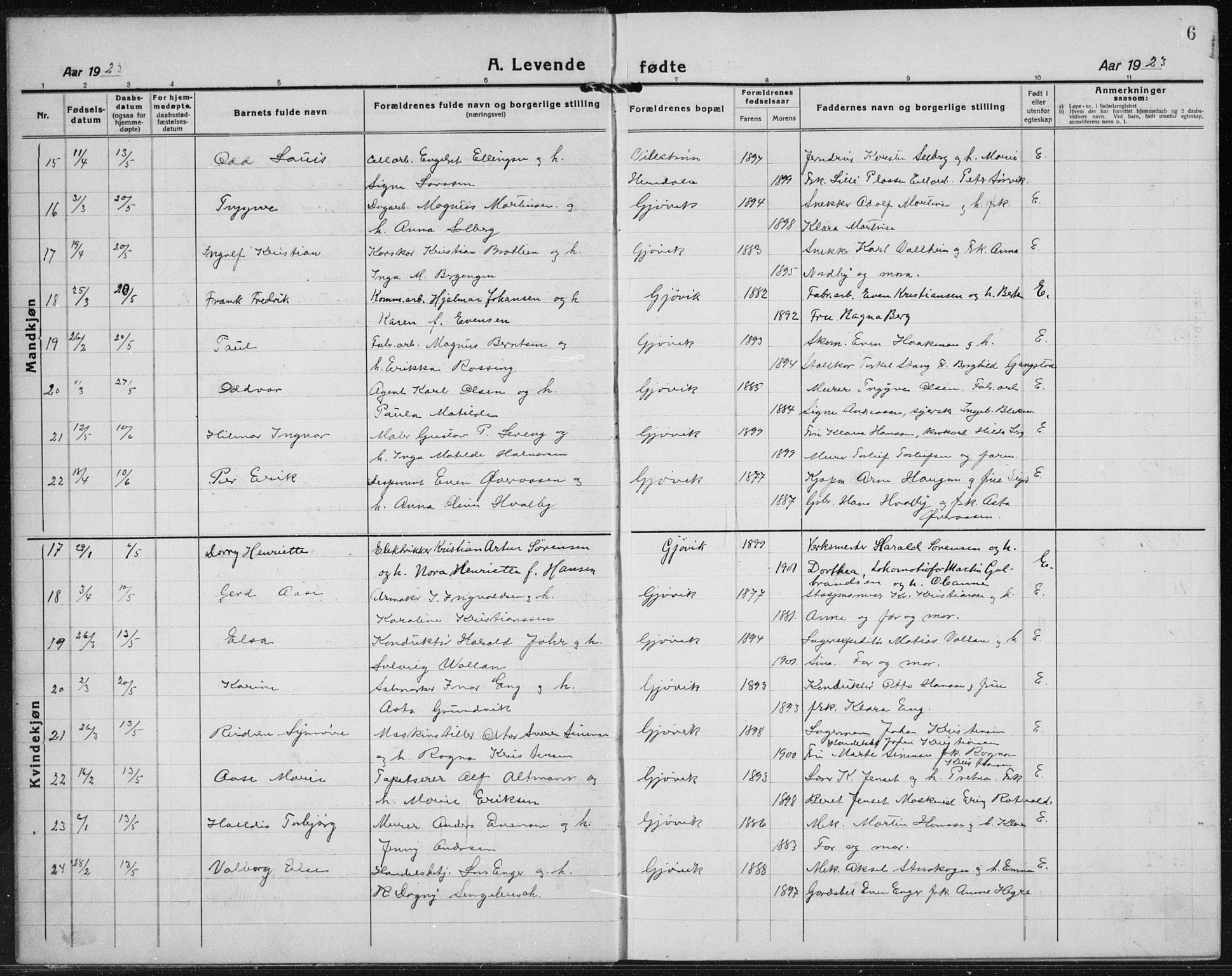 Vardal prestekontor, AV/SAH-PREST-100/H/Ha/Hab/L0017: Parish register (copy) no. 17, 1922-1941, p. 6
