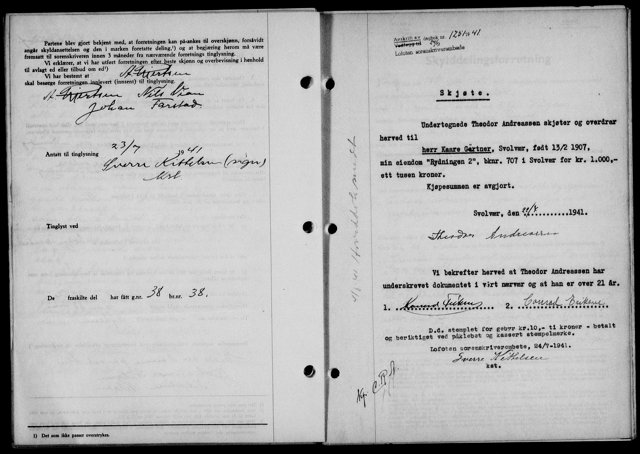 Lofoten sorenskriveri, SAT/A-0017/1/2/2C/L0008a: Mortgage book no. 8a, 1940-1941, Diary no: : 1251/1941