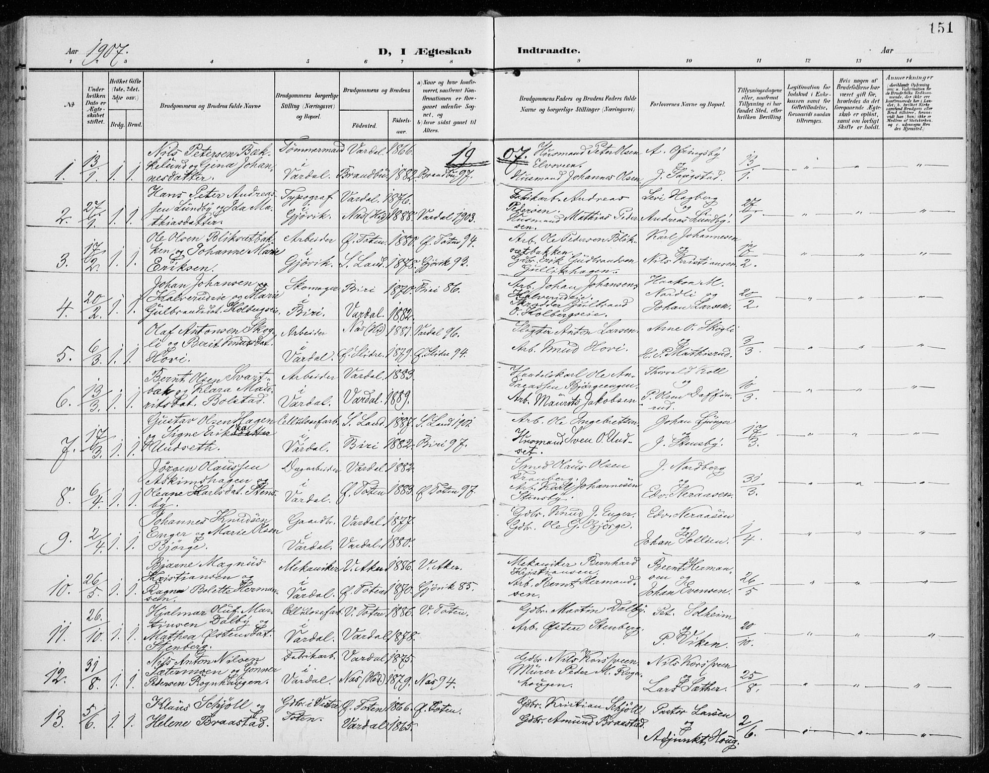 Vardal prestekontor, SAH/PREST-100/H/Ha/Haa/L0016: Parish register (official) no. 16, 1904-1916, p. 151
