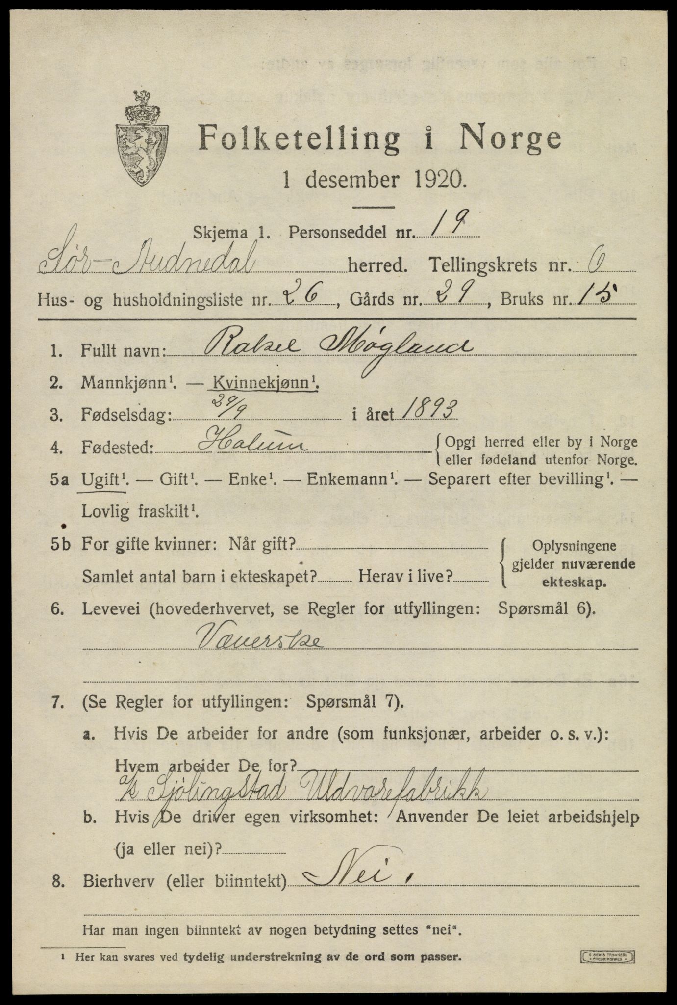 SAK, 1920 census for Sør-Audnedal, 1920, p. 2985