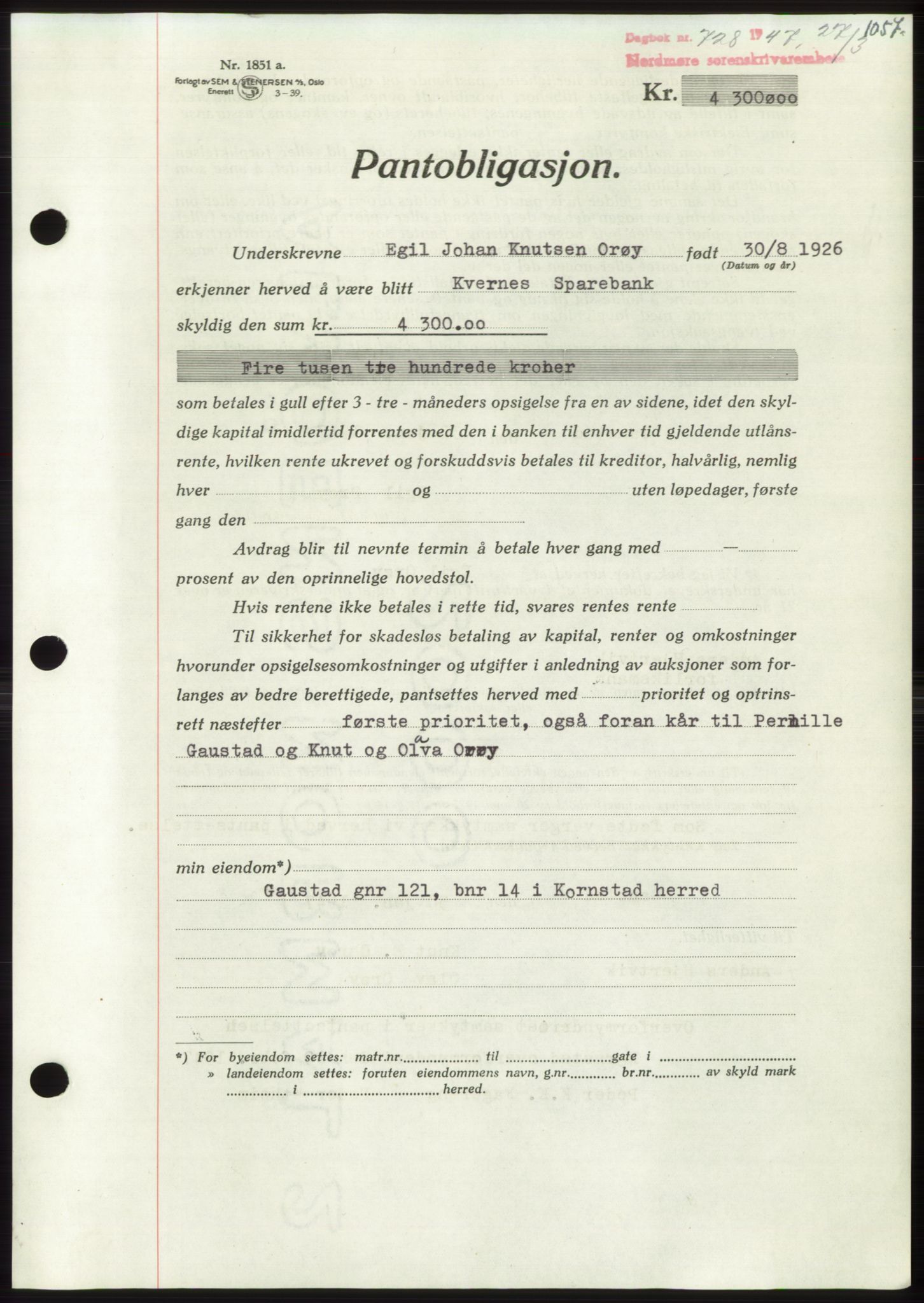 Nordmøre sorenskriveri, AV/SAT-A-4132/1/2/2Ca: Mortgage book no. B95, 1946-1947, Diary no: : 728/1947