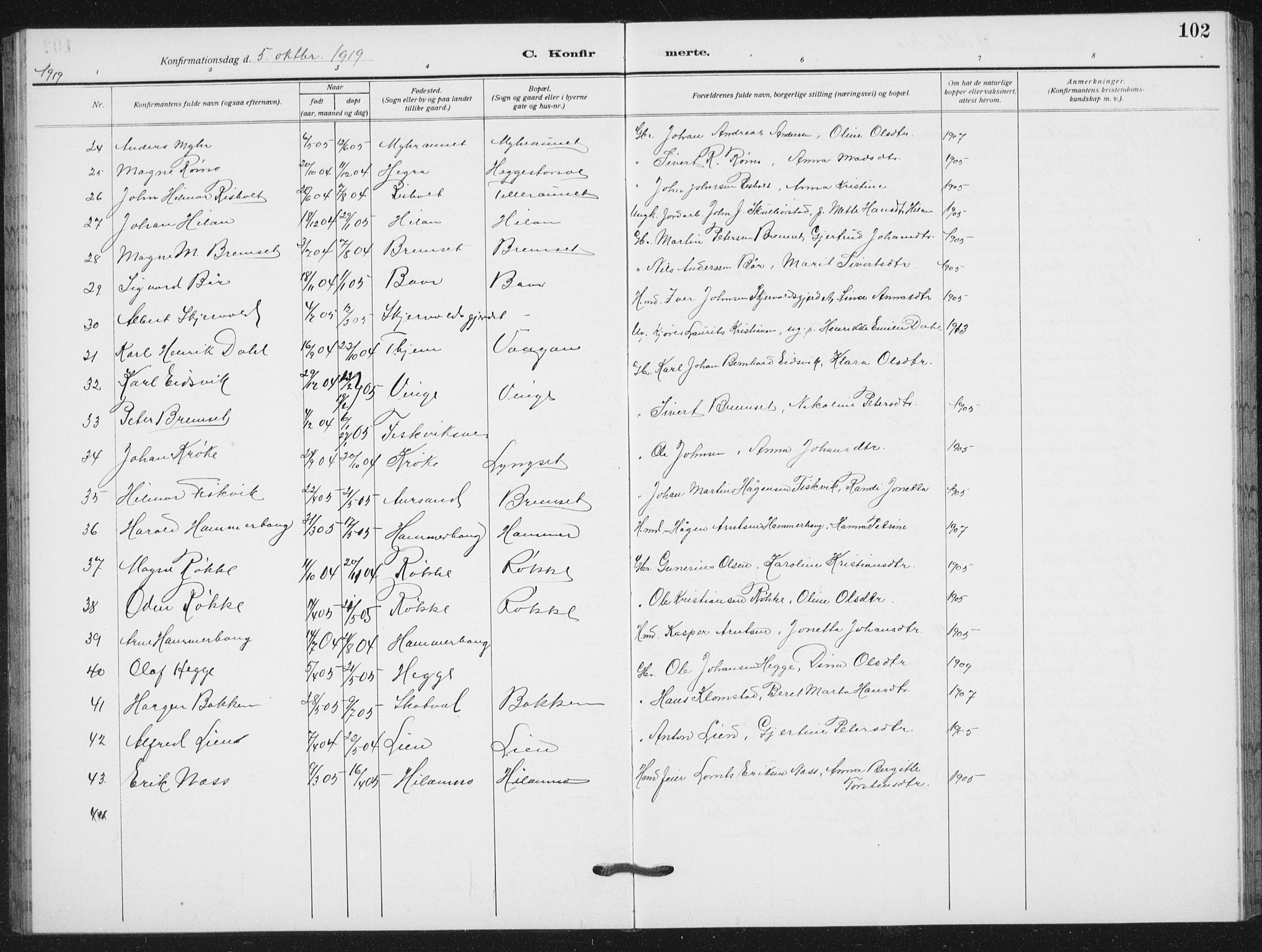 Ministerialprotokoller, klokkerbøker og fødselsregistre - Nord-Trøndelag, SAT/A-1458/712/L0104: Parish register (copy) no. 712C02, 1917-1939, p. 102