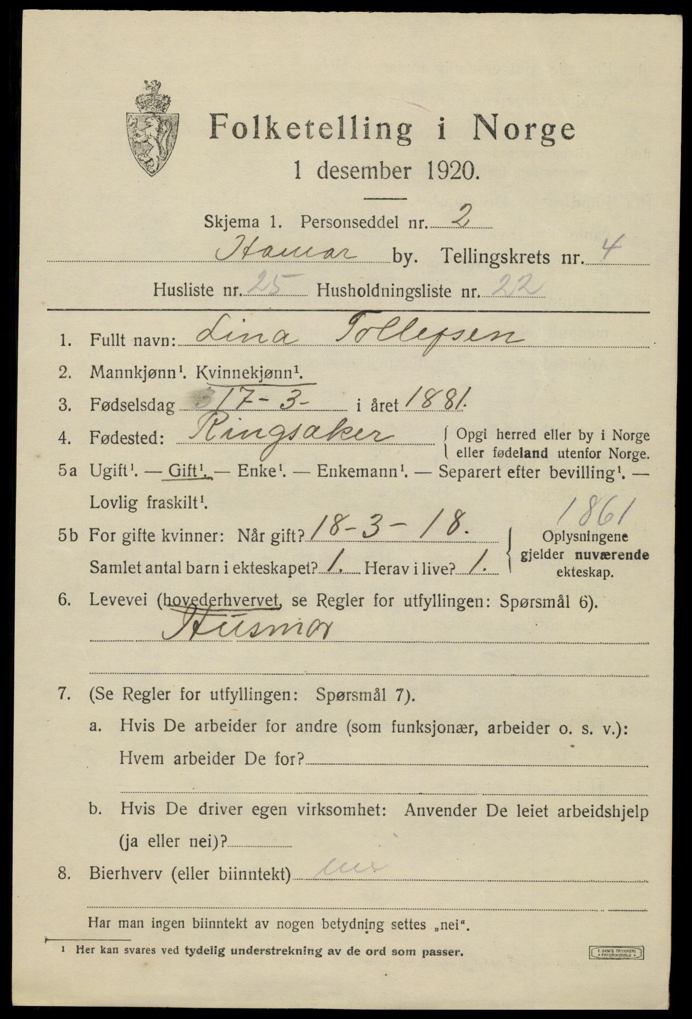 SAH, 1920 census for Hamar, 1920, p. 9049
