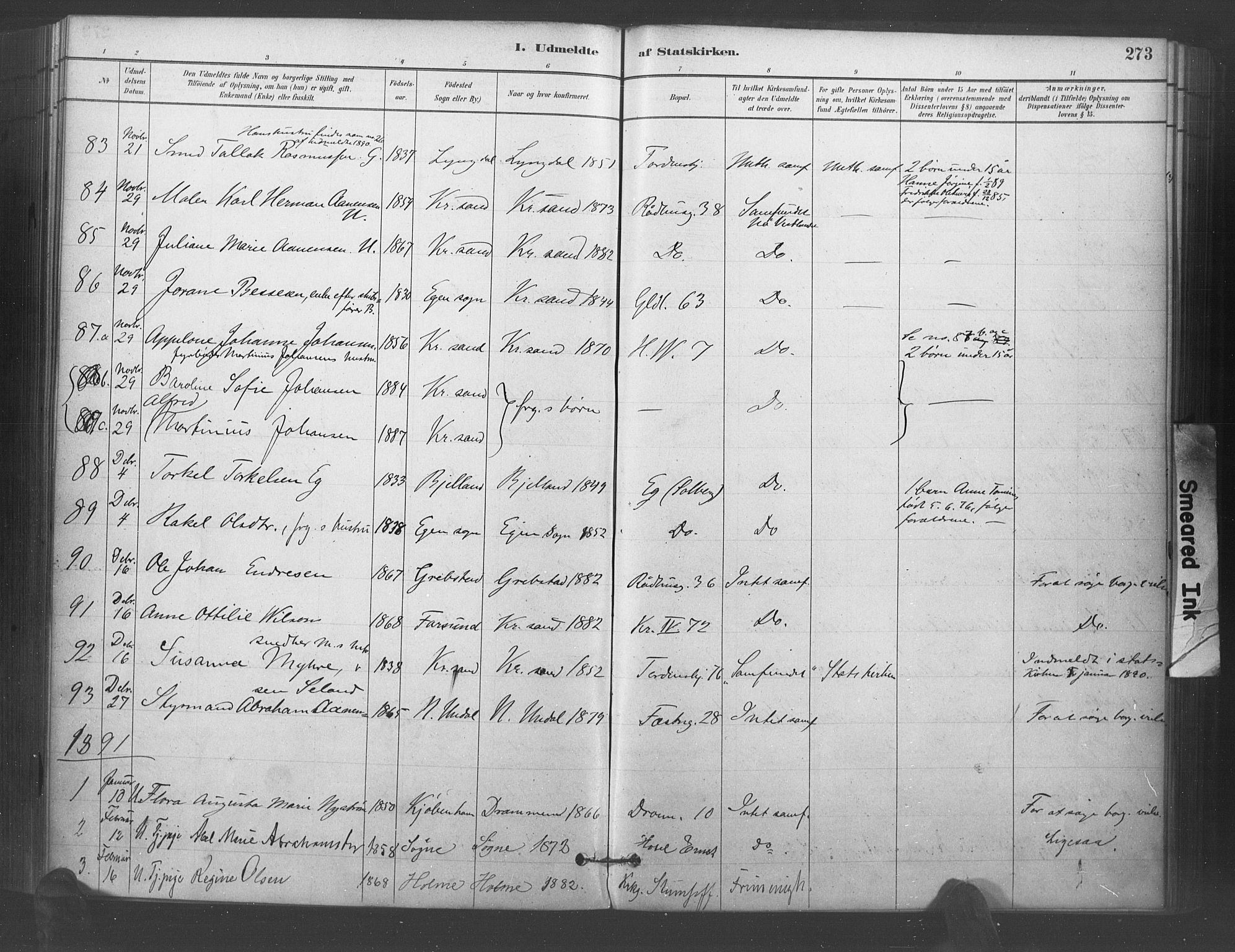 Kristiansand domprosti, AV/SAK-1112-0006/F/Fa/L0018: Parish register (official) no. A 17, 1880-1892, p. 273