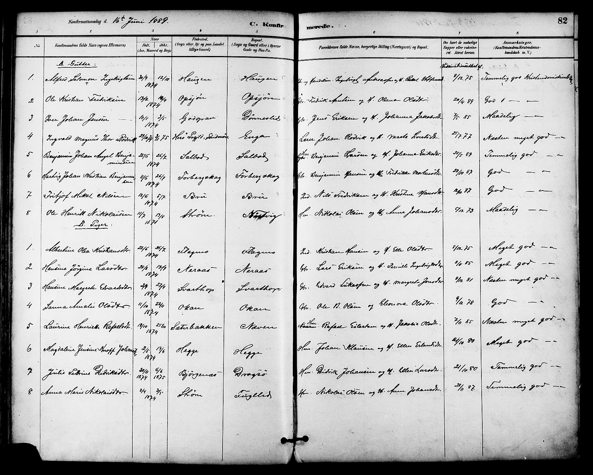 Ministerialprotokoller, klokkerbøker og fødselsregistre - Nordland, AV/SAT-A-1459/814/L0226: Parish register (official) no. 814A07, 1886-1898, p. 82