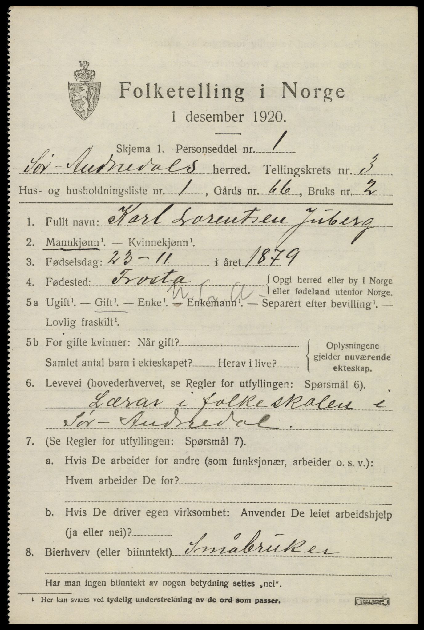 SAK, 1920 census for Sør-Audnedal, 1920, p. 1825