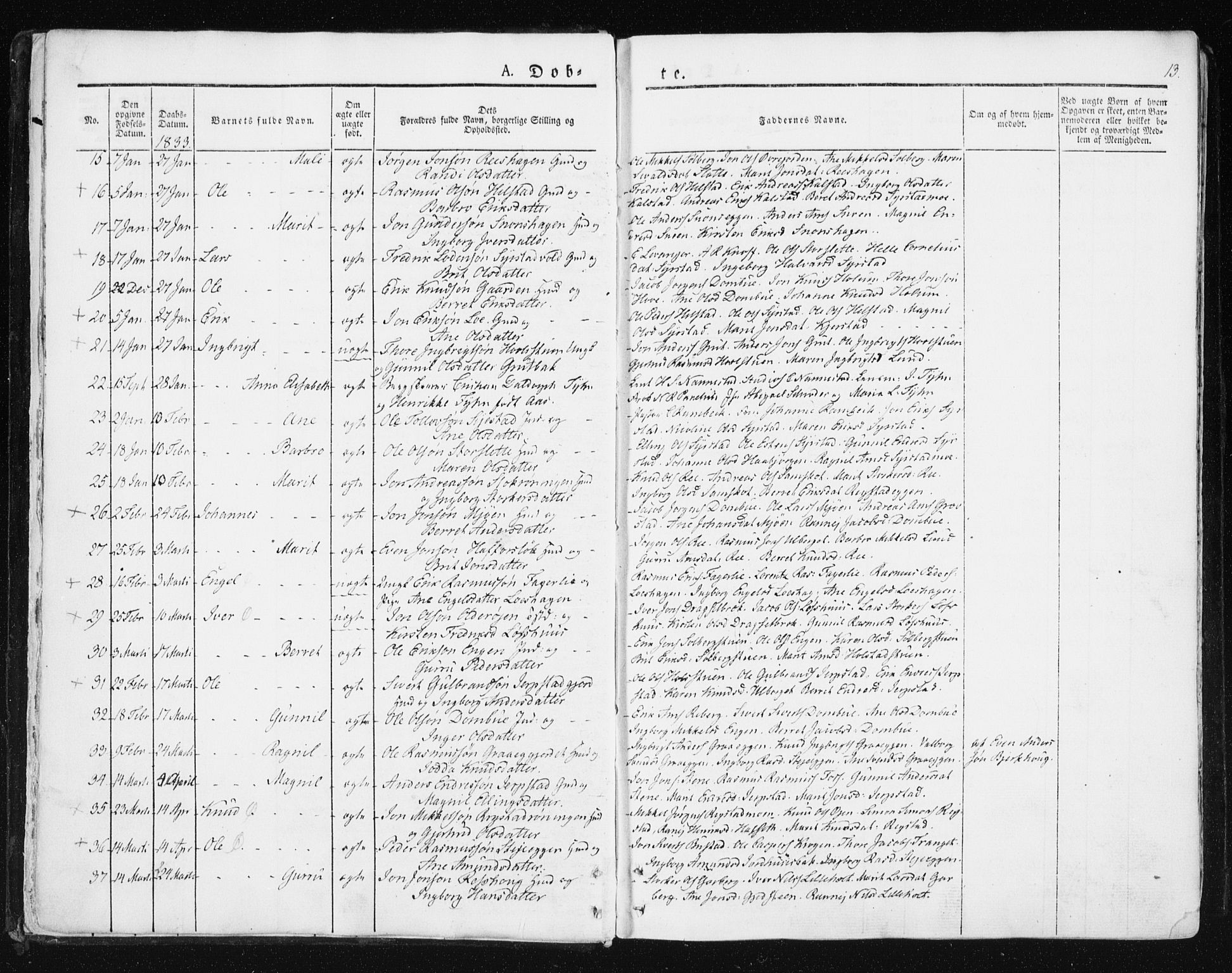 Ministerialprotokoller, klokkerbøker og fødselsregistre - Sør-Trøndelag, SAT/A-1456/672/L0855: Parish register (official) no. 672A07, 1829-1860, p. 13