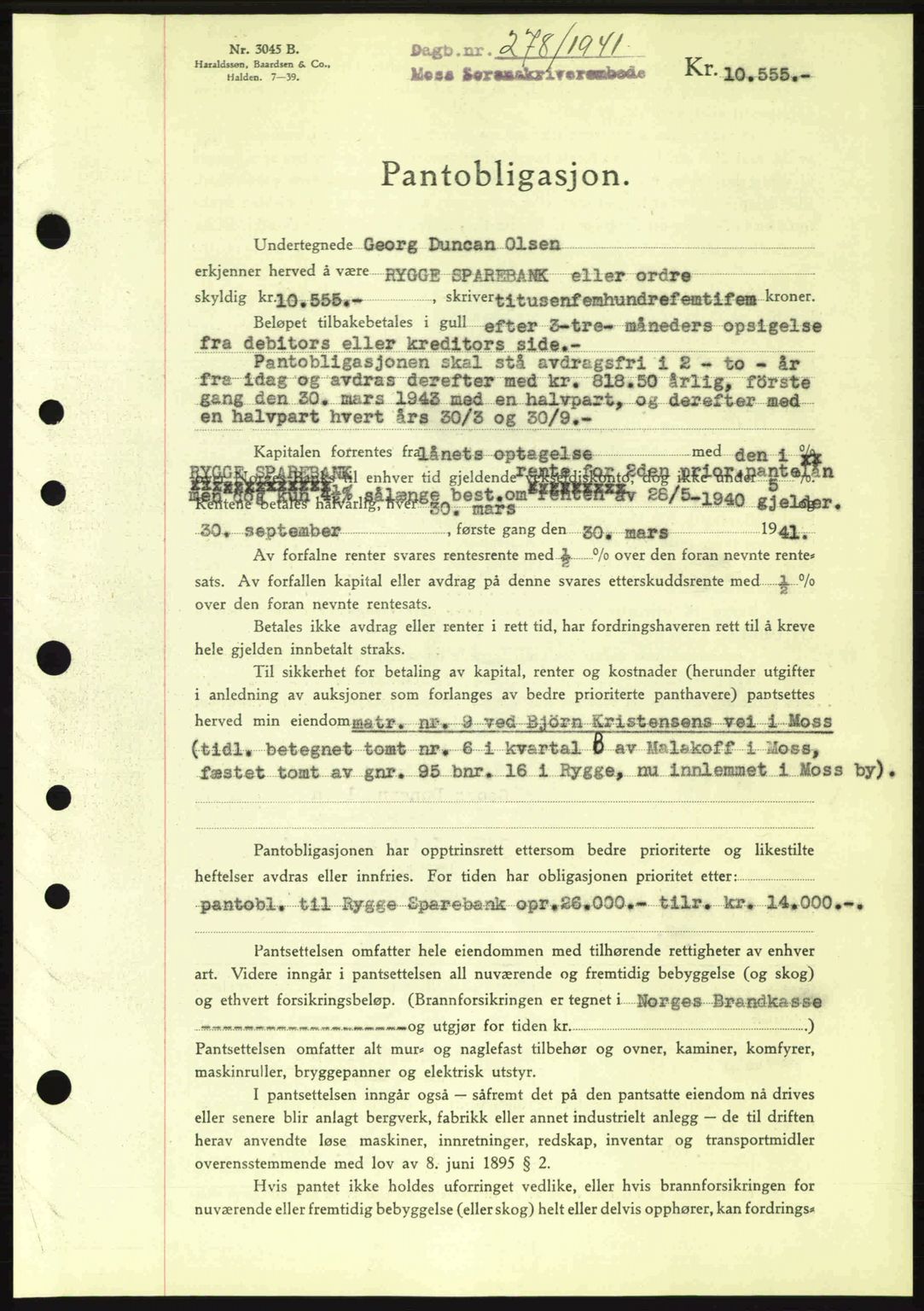 Moss sorenskriveri, SAO/A-10168: Mortgage book no. B10, 1940-1941, Diary no: : 278/1941