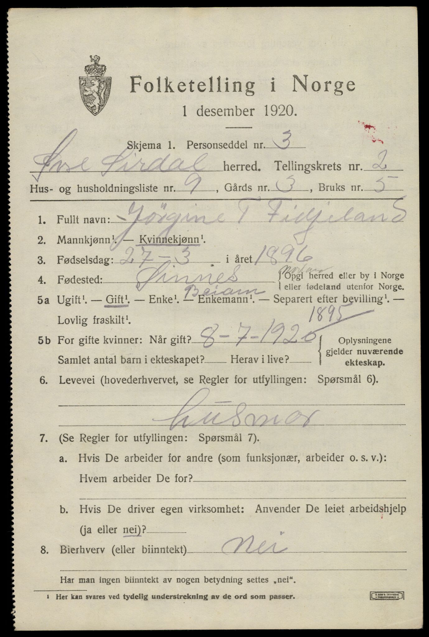 SAK, 1920 census for Øvre Sirdal, 1920, p. 525