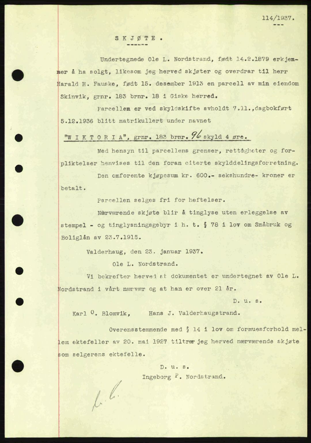 Nordre Sunnmøre sorenskriveri, AV/SAT-A-0006/1/2/2C/2Ca: Mortgage book no. A2, 1936-1937, Diary no: : 114/1937