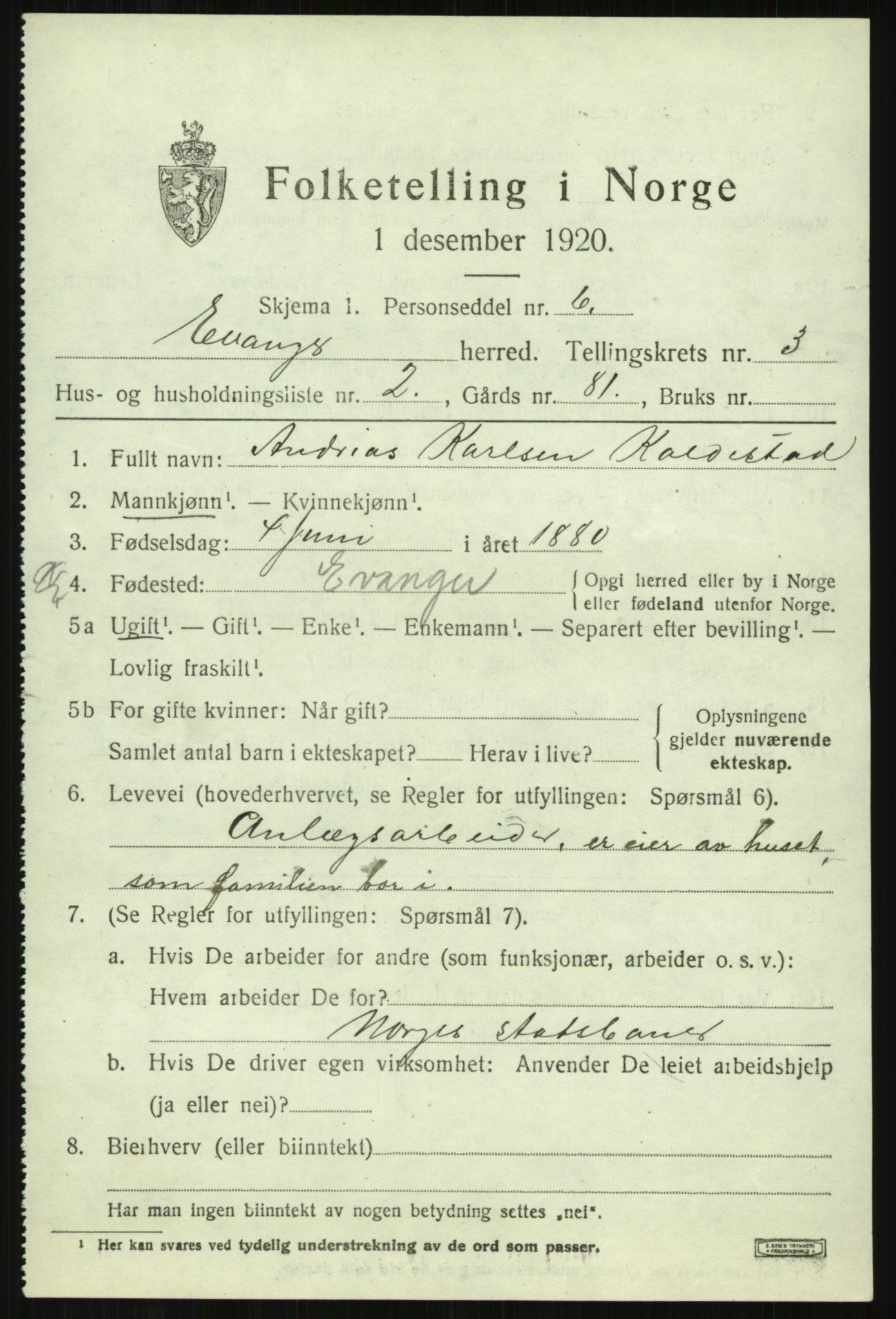 SAB, 1920 census for Evanger, 1920, p. 1045