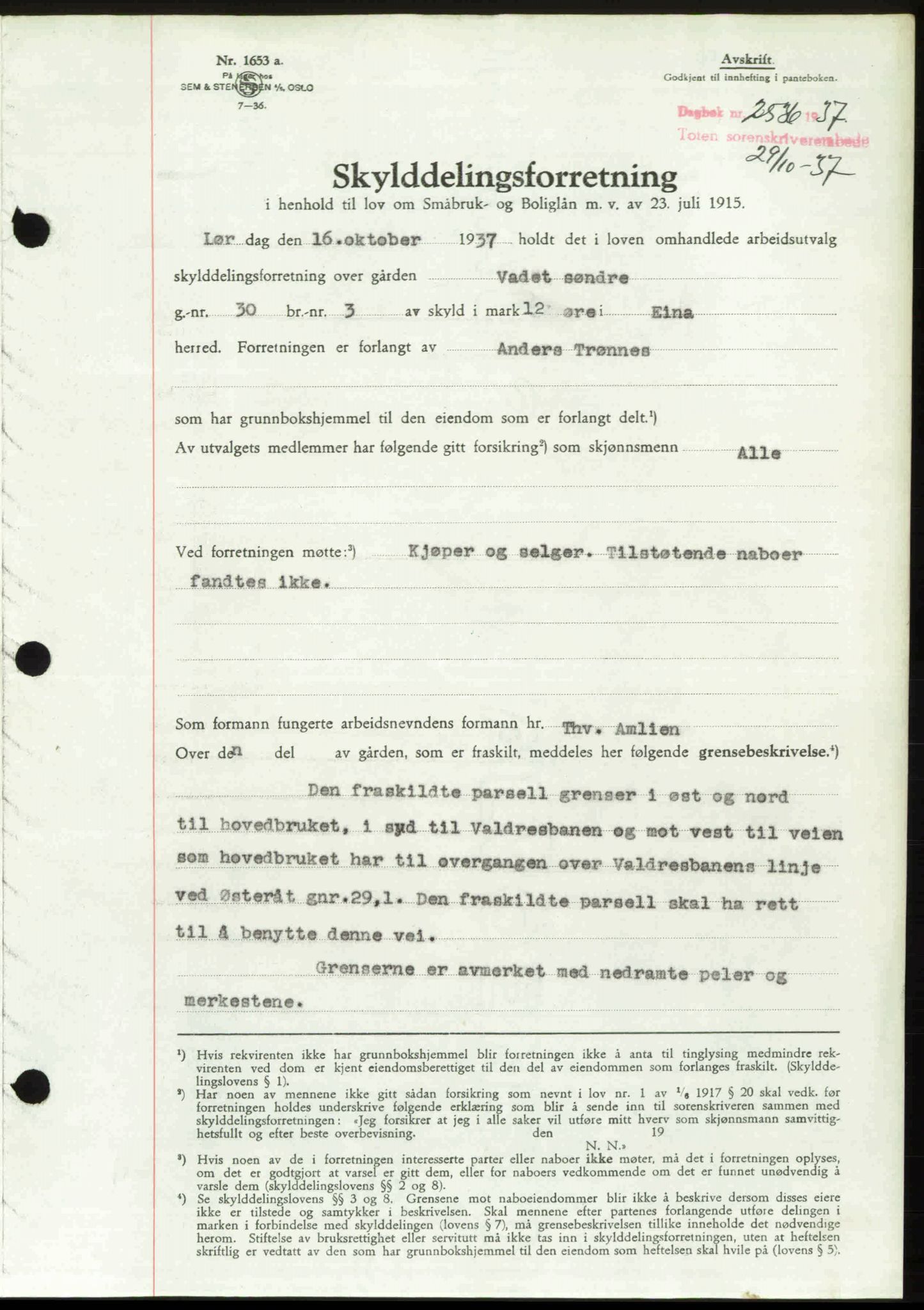 Toten tingrett, SAH/TING-006/H/Hb/Hbc/L0003: Mortgage book no. Hbc-03, 1937-1938, Diary no: : 2536/1937