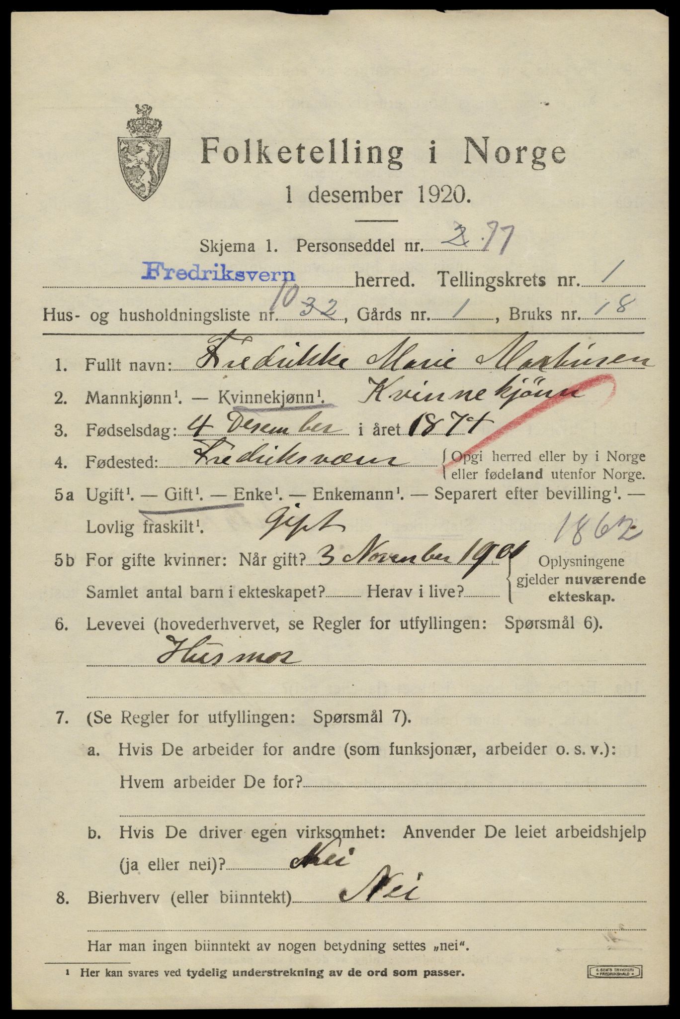 SAKO, 1920 census for Fredriksvern, 1920, p. 603