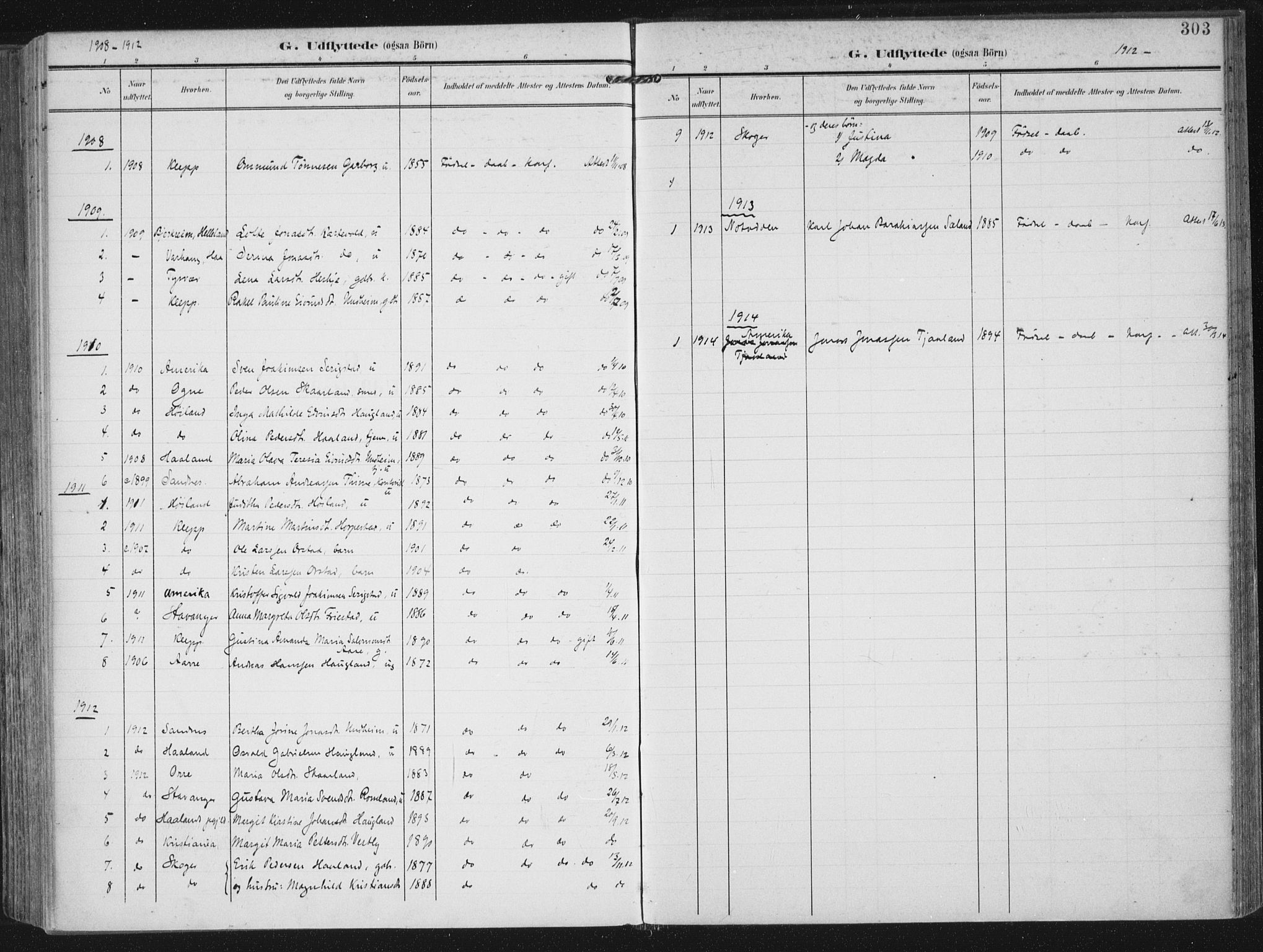 Lye sokneprestkontor, SAST/A-101794/002/A/L0001: Parish register (official) no. A 12, 1904-1920, p. 303