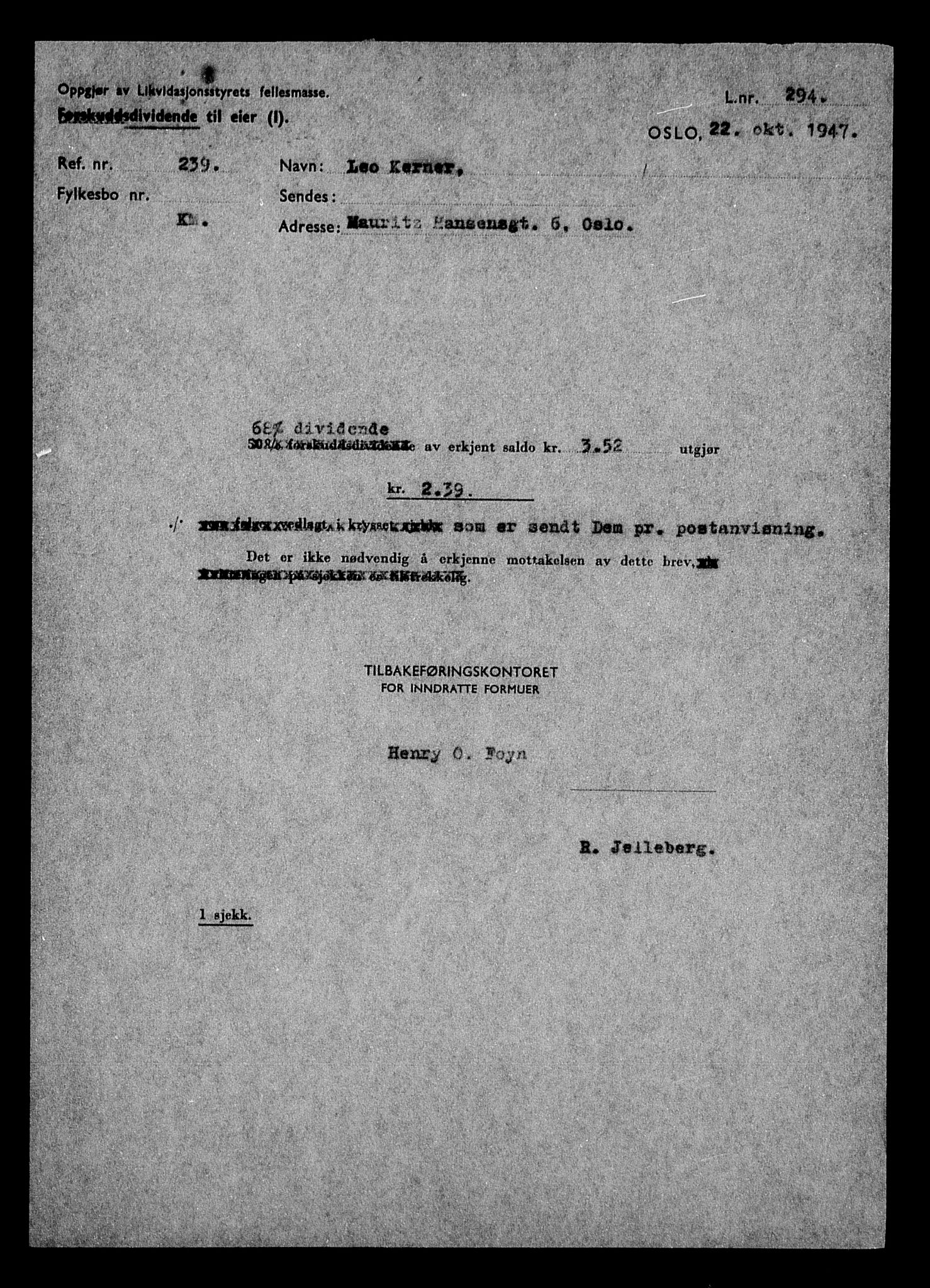 Justisdepartementet, Tilbakeføringskontoret for inndratte formuer, AV/RA-S-1564/H/Hc/Hcc/L0951: --, 1945-1947, p. 307