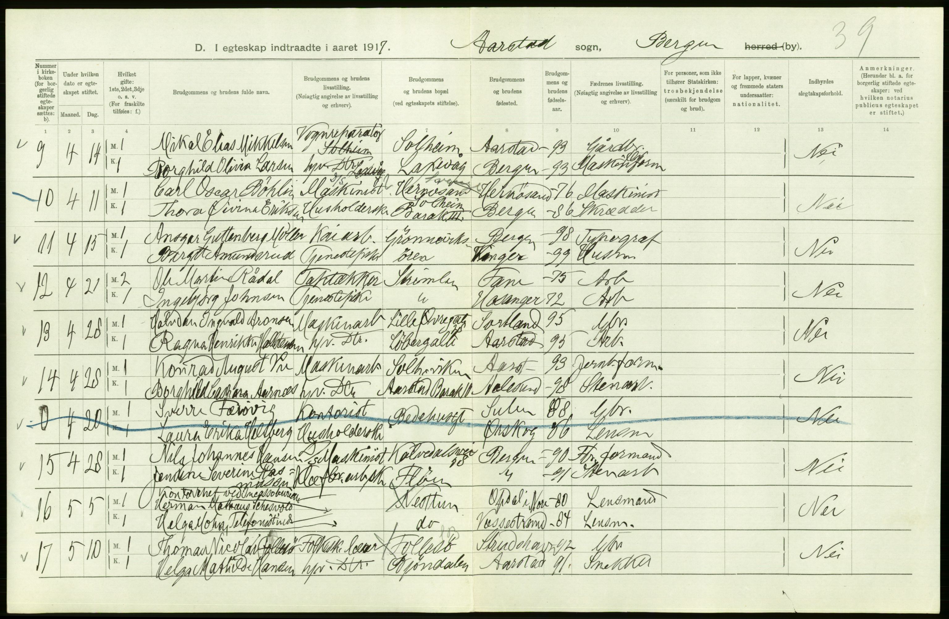 Statistisk sentralbyrå, Sosiodemografiske emner, Befolkning, AV/RA-S-2228/D/Df/Dfb/Dfbg/L0038: Bergen: Gifte, døde, dødfødte., 1917, p. 278