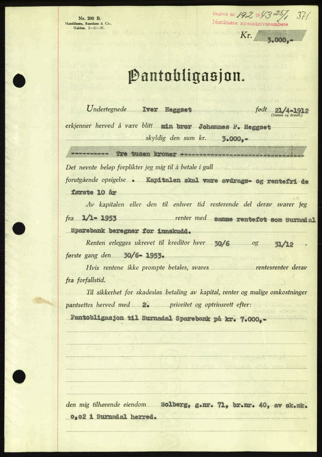 Nordmøre sorenskriveri, AV/SAT-A-4132/1/2/2Ca: Mortgage book no. B90, 1942-1943, Diary no: : 192/1943