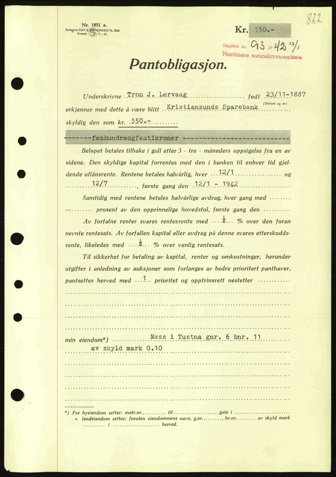 Nordmøre sorenskriveri, AV/SAT-A-4132/1/2/2Ca: Mortgage book no. B88, 1941-1942, Diary no: : 93/1942