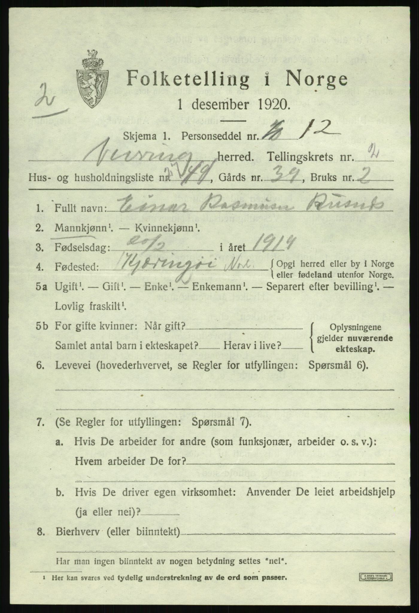 SAB, 1920 census for Vevring, 1920, p. 994