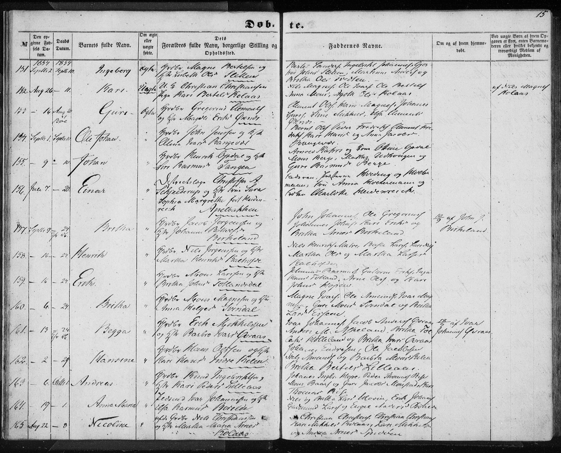 Lindås Sokneprestembete, SAB/A-76701/H/Haa: Parish register (official) no. A 11, 1854-1869, p. 15